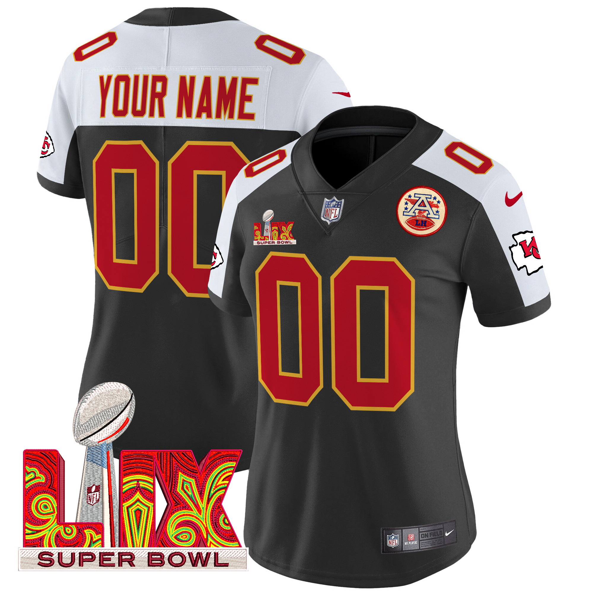 Women's Kansas City Chiefs Super Bowl LIX Patch Vapor Limited Custom Black Alternate Jersey - All Stitched
