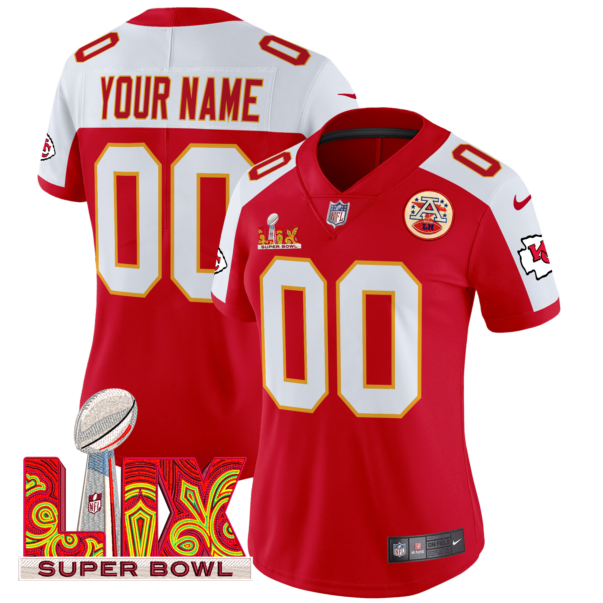 Women's Kansas City Chiefs Super Bowl LIX Patch Vapor Limited Custom Red Alternate Jersey - All Stitched