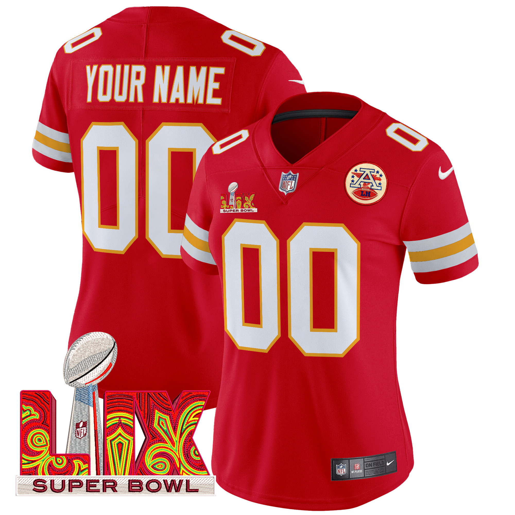 Women's Kansas City Chiefs Super Bowl LIX Patch Vapor Limited Custom Red Jersey - All Stitched