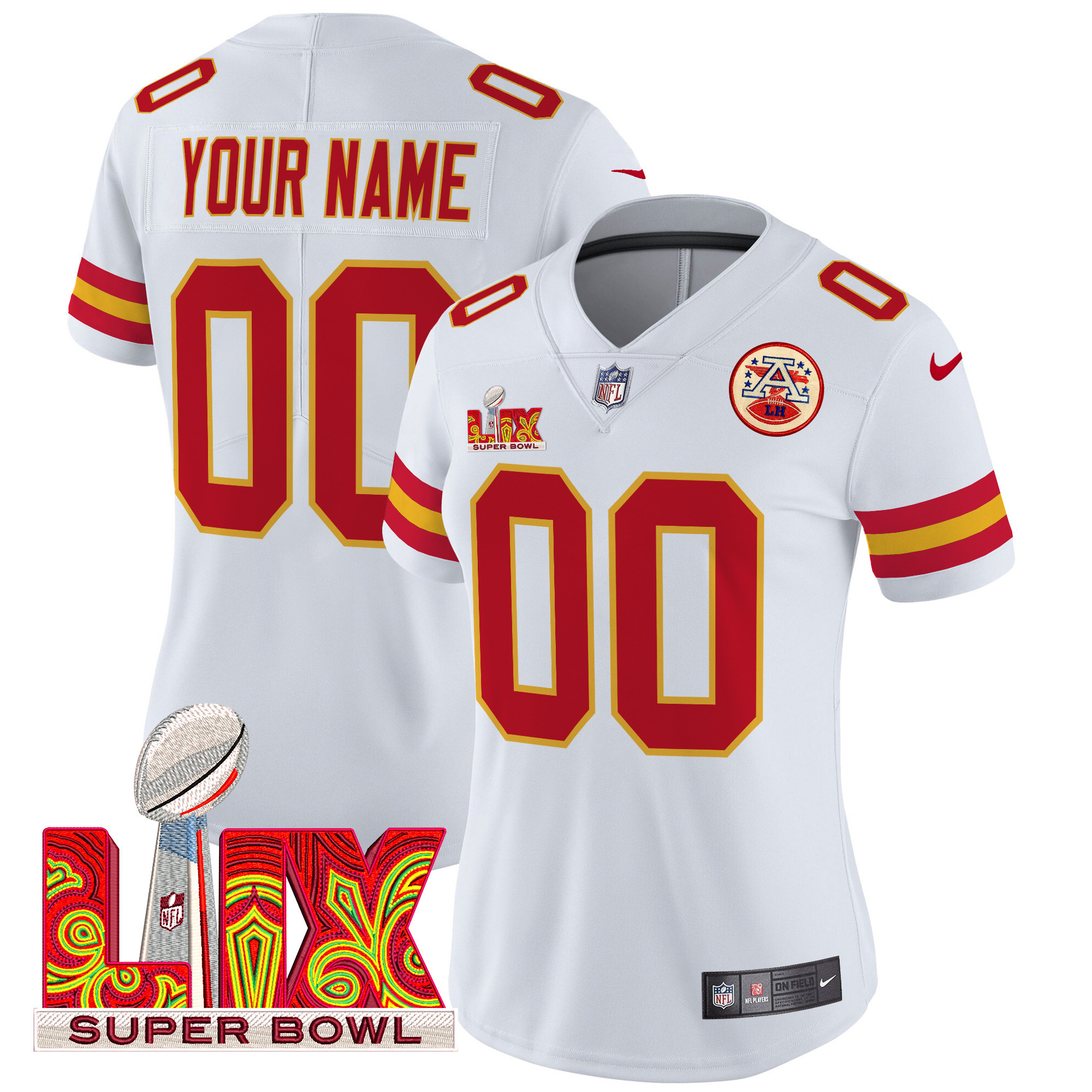 Women's Kansas City Chiefs Super Bowl LIX Patch Vapor Limited Custom White Jersey - All Stitched