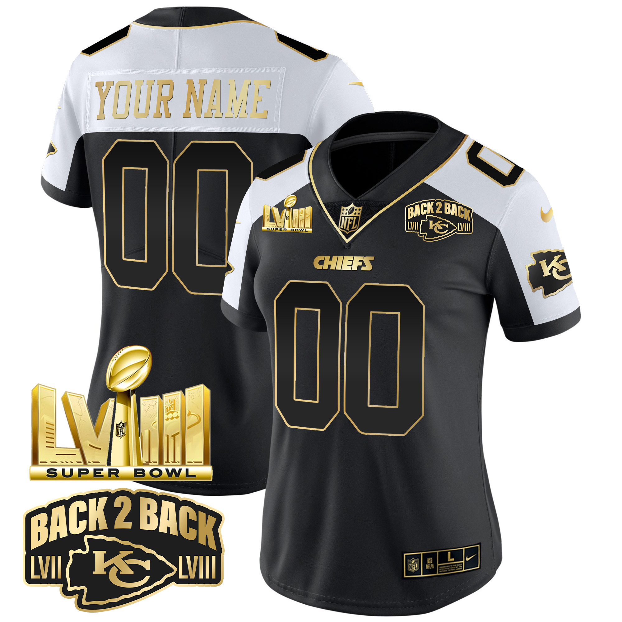 Women's Kansas City Chiefs Super Bowl LVIII & Back 2 Back Gold Patch Vapor Custom Alternate Jersey - All Stitched