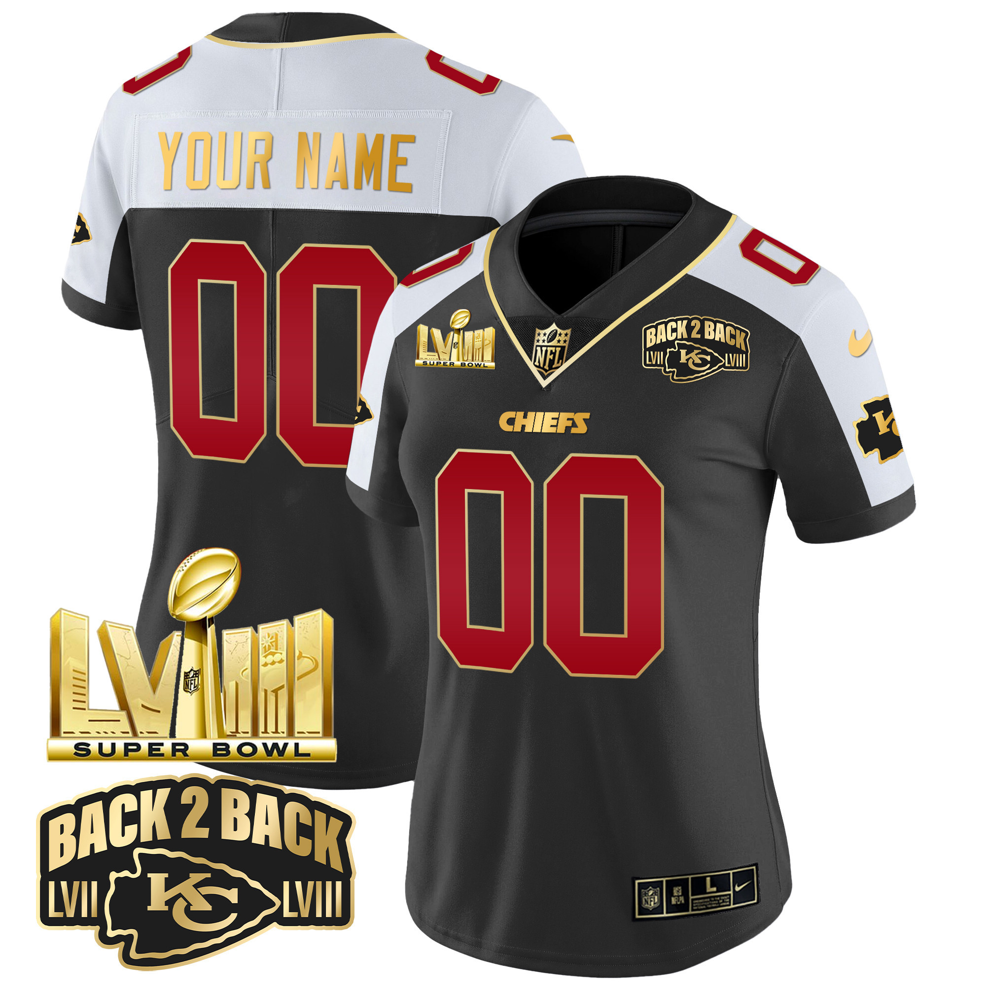 Women's Kansas City Chiefs Super Bowl LVIII & Back 2 Back Gold Patch Vapor Custom Black Alternate Jersey - All Stitched