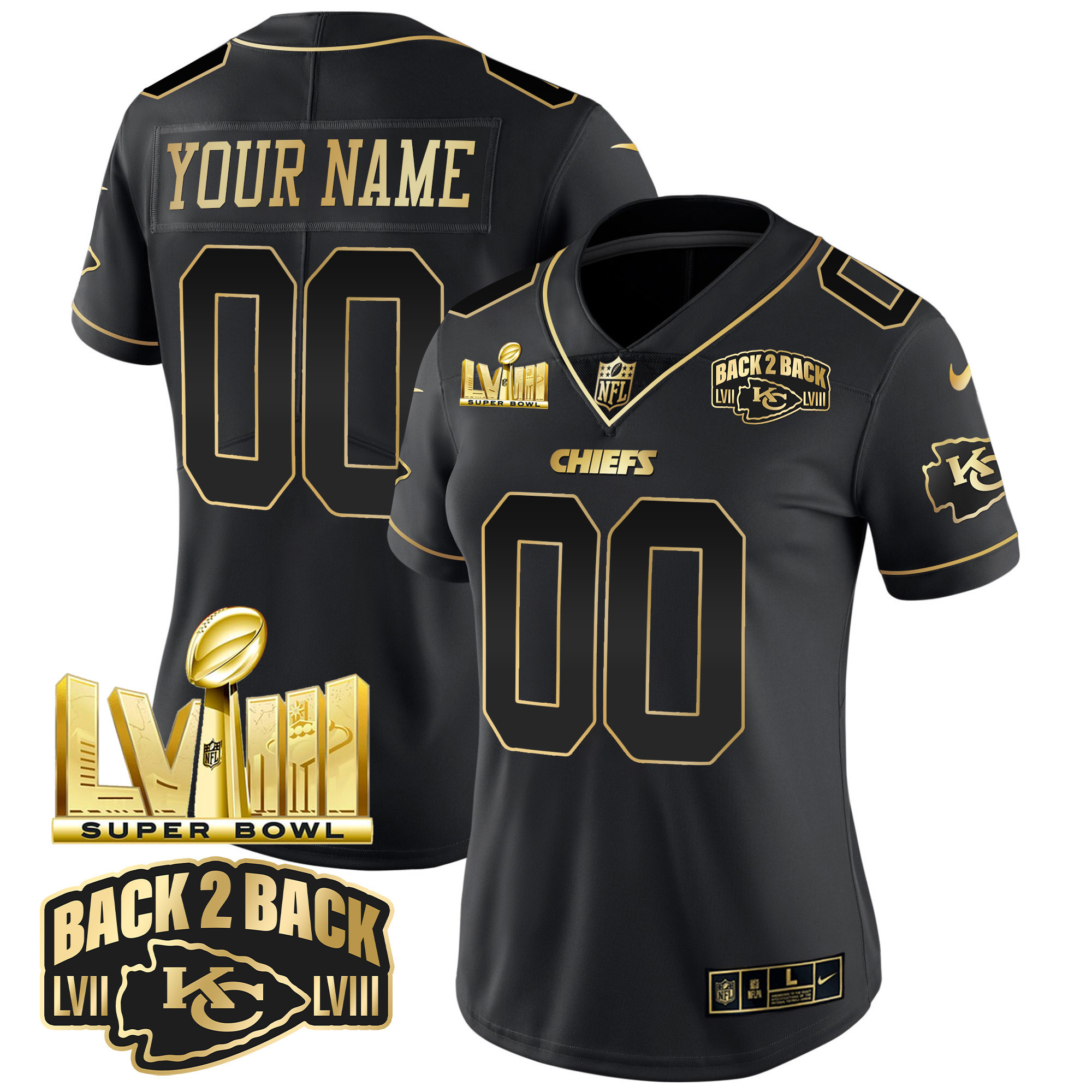 Women's Kansas City Chiefs Super Bowl LVIII & Back 2 Back Gold Patch Vapor Custom Black Gold Jersey - All Stitched