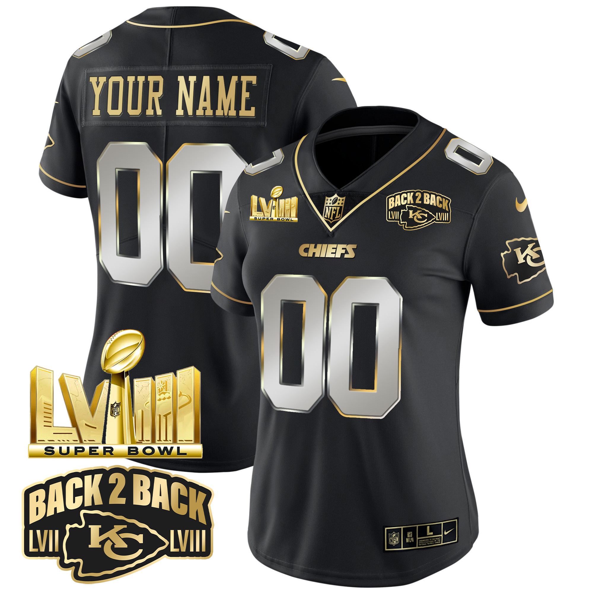 Women's Kansas City Chiefs Super Bowl LVIII & Back 2 Back Gold Patch Vapor Custom Black Limited Jersey - All Stitched