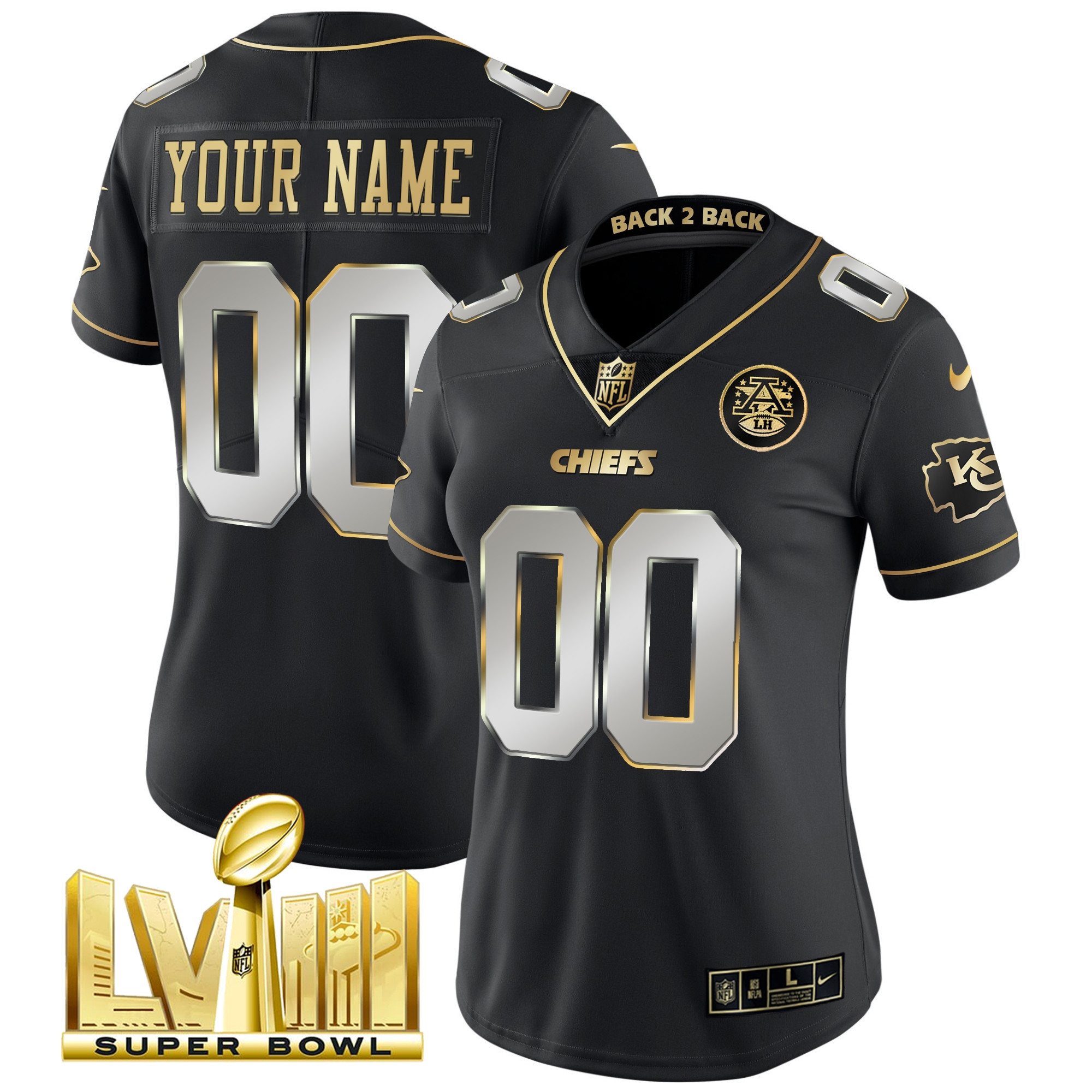 Women's Kansas City Chiefs Super Bowl LVIII & Back 2 Back Gold Patch Vapor Custom Black Limited Jersey - All Stitched
