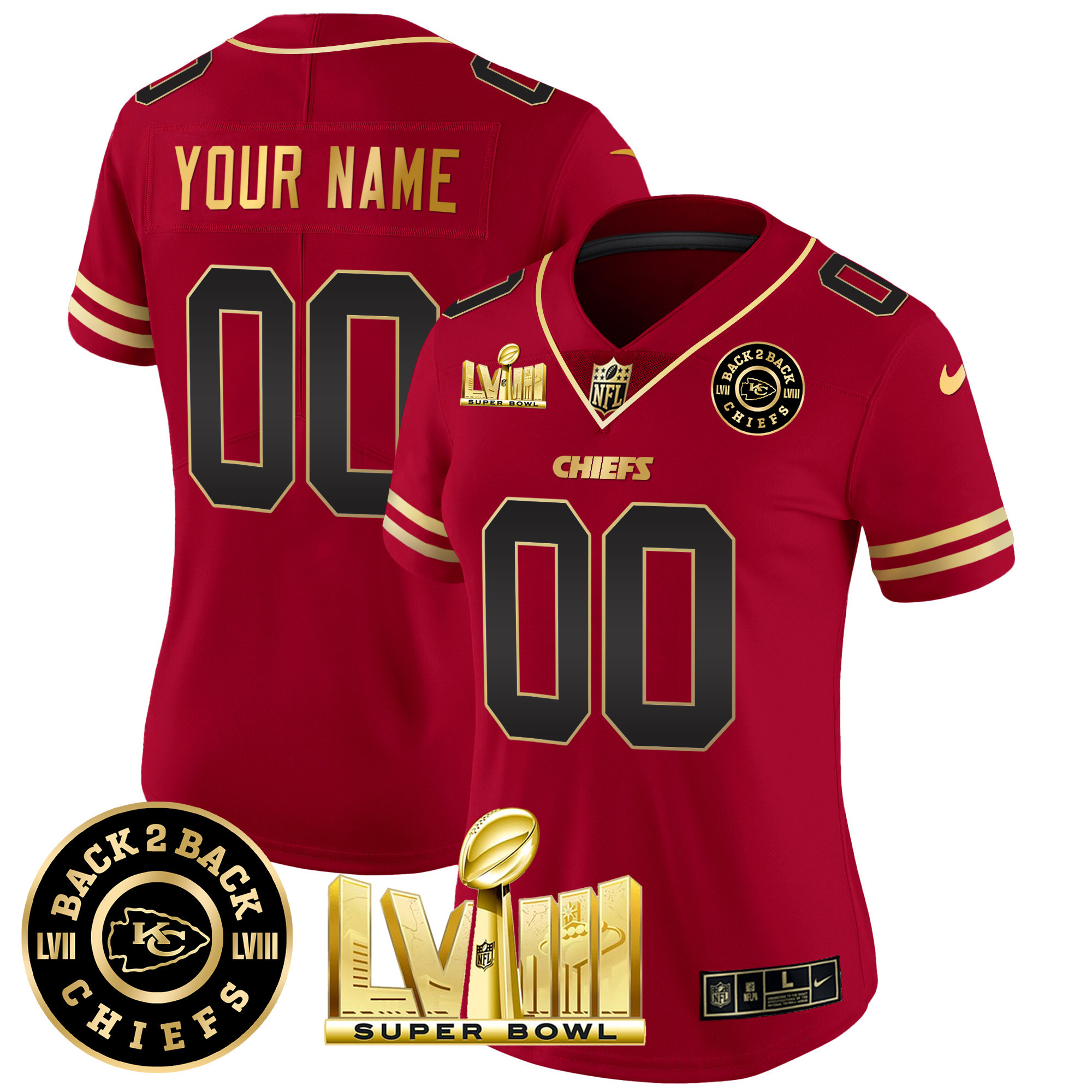 Women's Kansas City Chiefs Super Bowl LVIII & Back 2 Back Gold Patch Vapor Custom Black Red Jersey - All Stitched