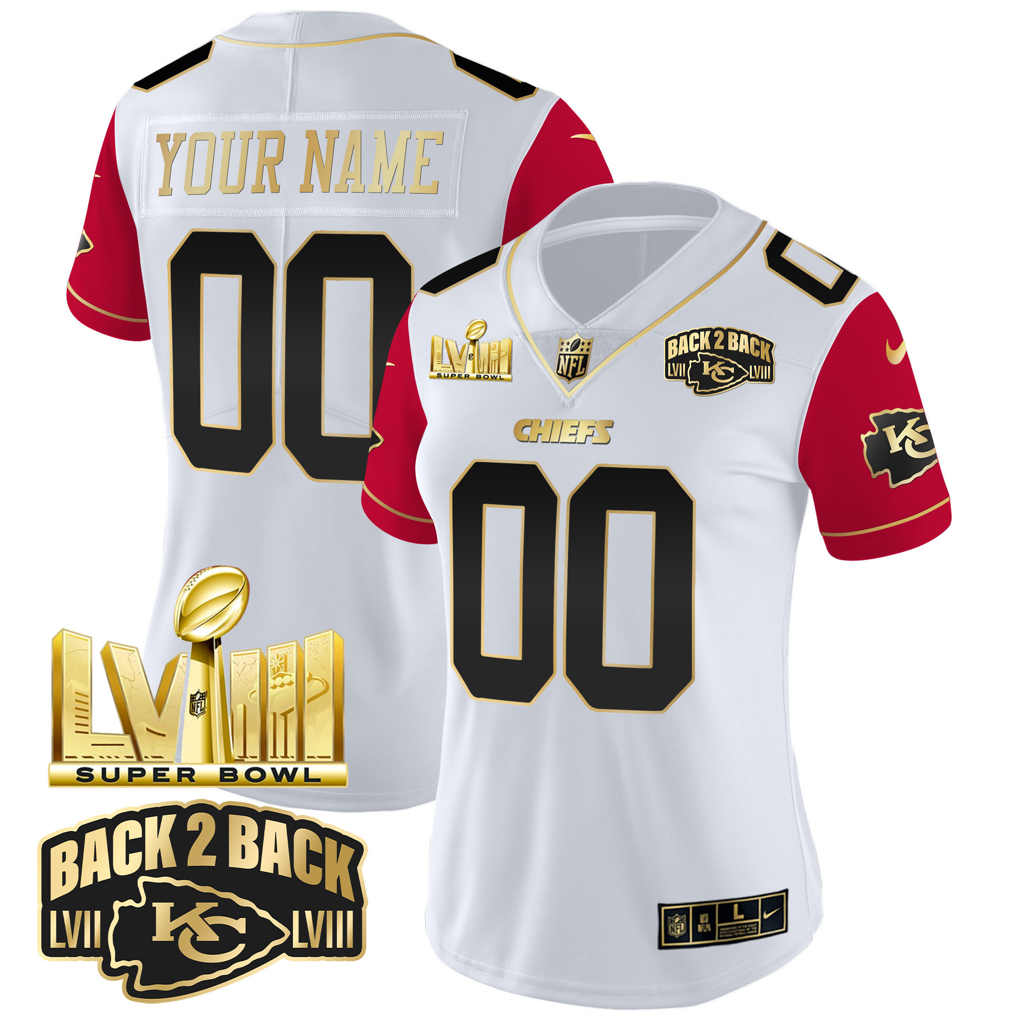 Women's Kansas City Chiefs Super Bowl LVIII & Back 2 Back Gold Patch Vapor Custom Color Sleeves Jersey - All Stitched