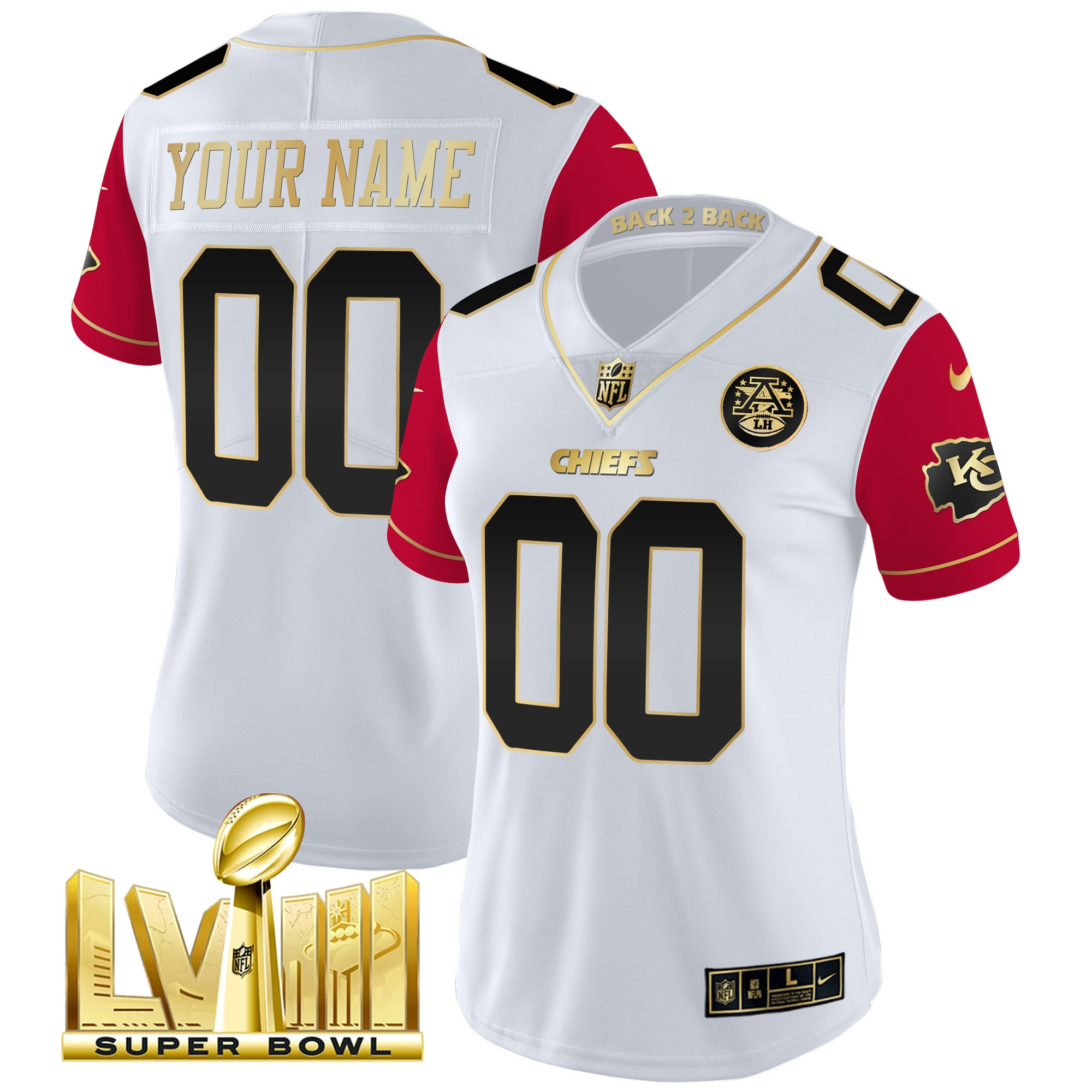 Women's Kansas City Chiefs Super Bowl LVIII & Back 2 Back Gold Patch Vapor Custom Color Sleeves Jersey - All Stitched