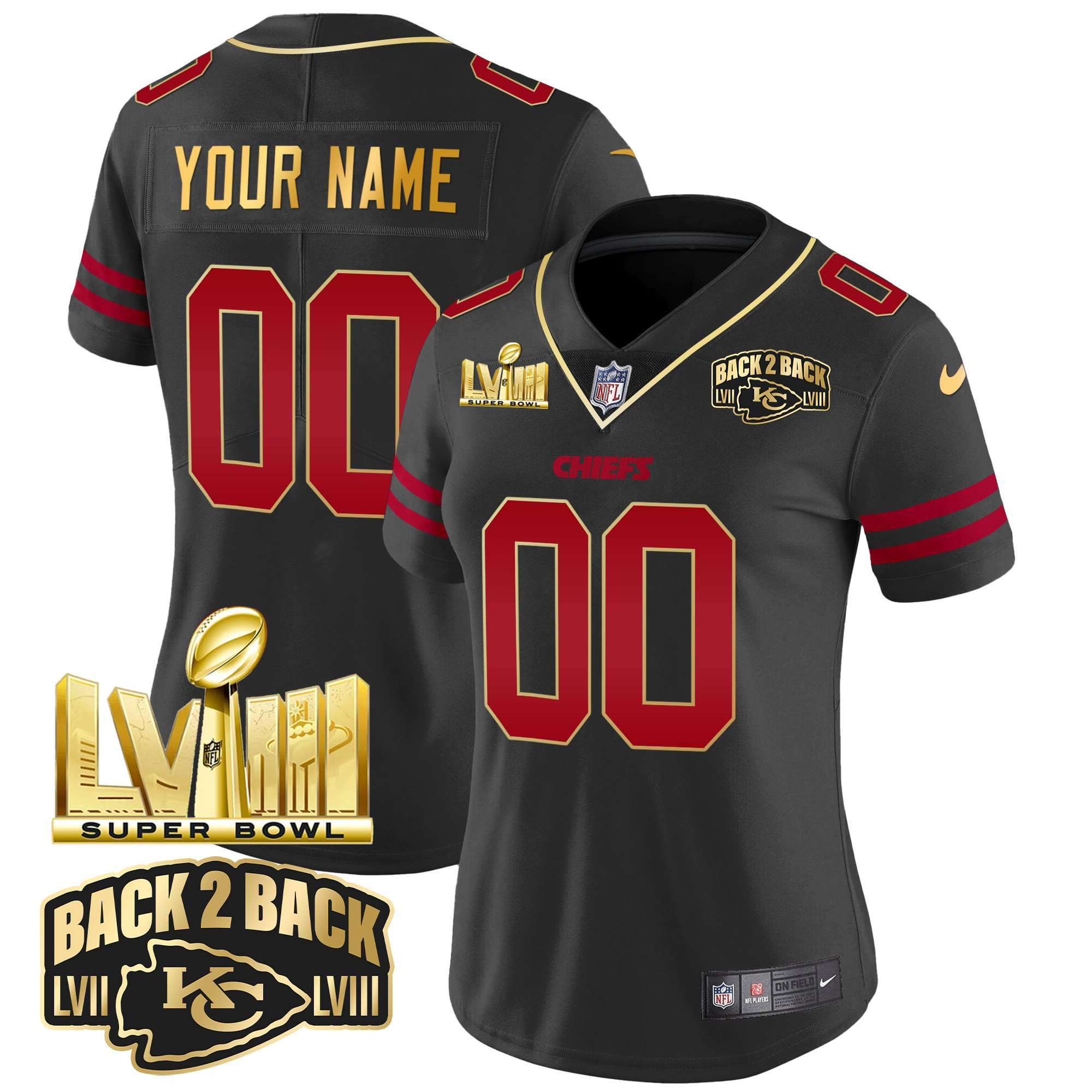 Women's Kansas City Chiefs Super Bowl LVIII & Back 2 Back Gold Patch Vapor Custom Gold Trim Jersey - All Stitched
