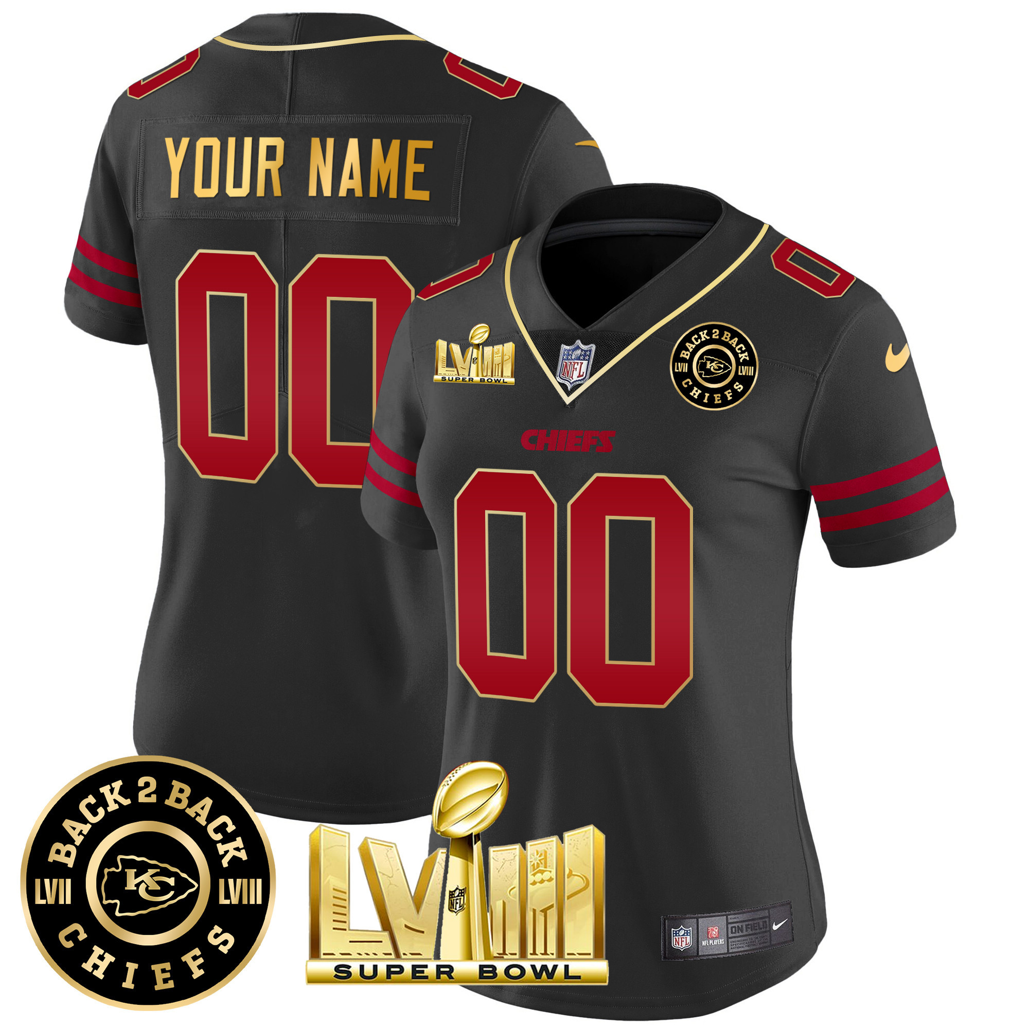 Women's Kansas City Chiefs Super Bowl LVIII & Back 2 Back Gold Patch Vapor Custom Gold Trim Jersey - All Stitched