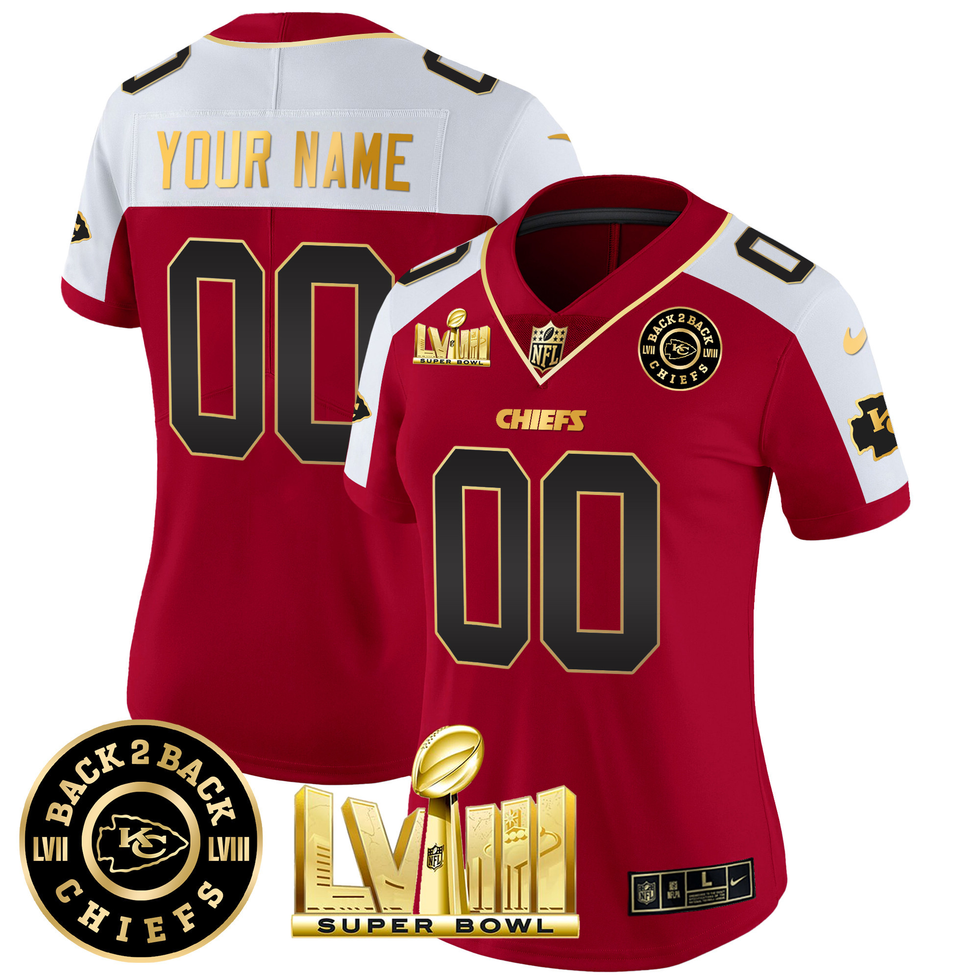 Women's Kansas City Chiefs Super Bowl LVIII & Back 2 Back Gold Patch Vapor Custom Red Alternate Jersey - All Stitched