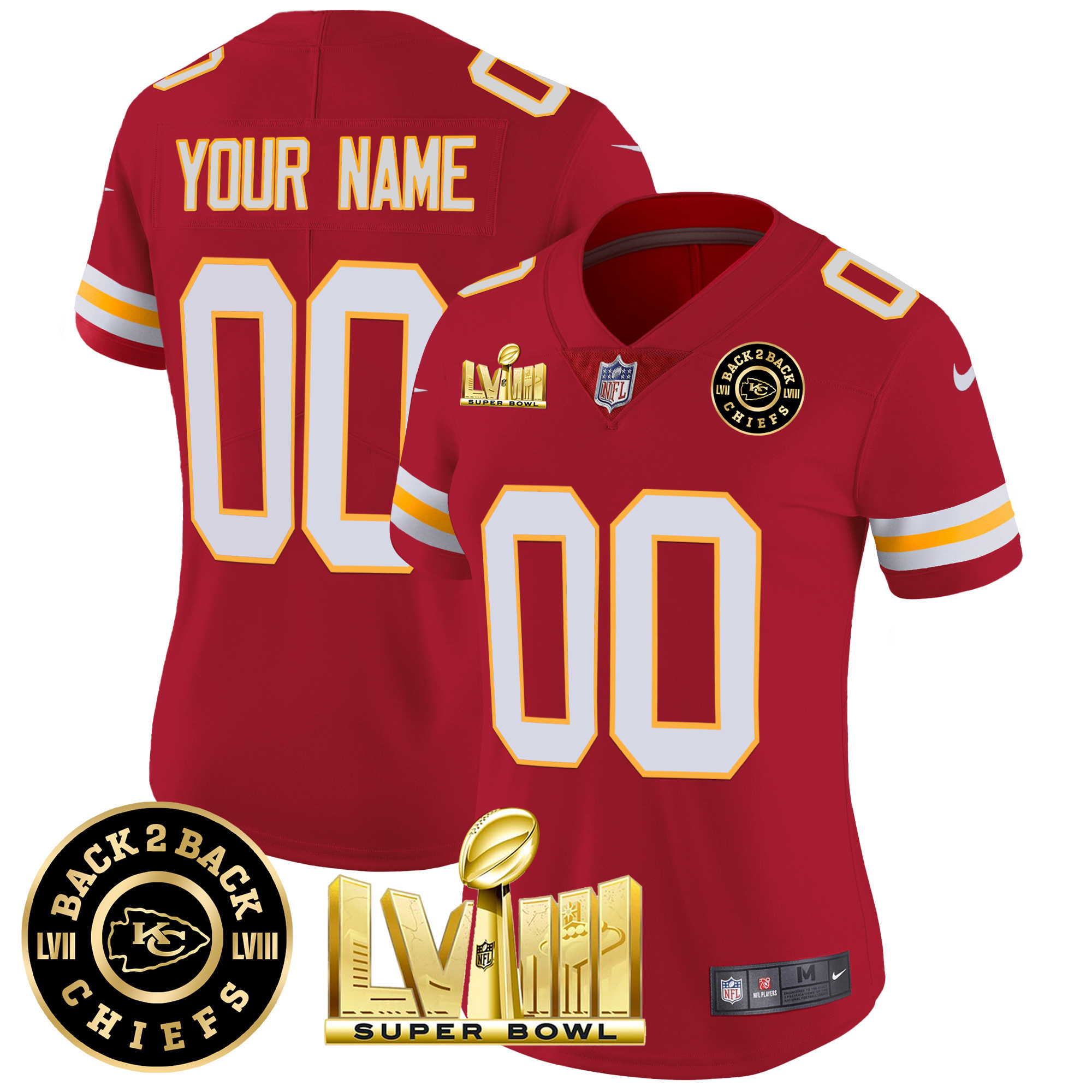 Women's Kansas City Chiefs Super Bowl LVIII & Back 2 Back Gold Patch Vapor Custom Red Jersey - All Stitched