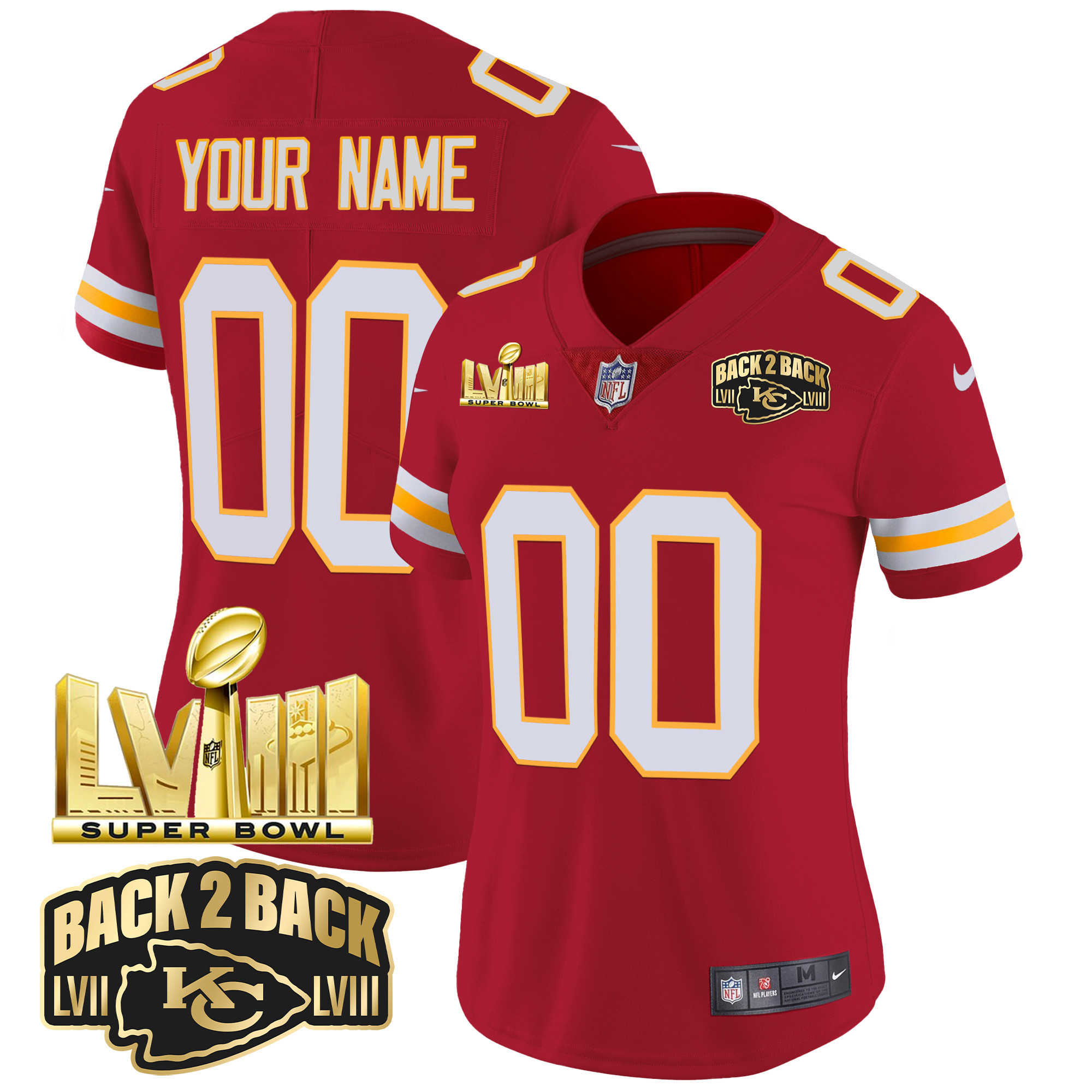 Women's Kansas City Chiefs Super Bowl LVIII & Back 2 Back Gold Patch Vapor Custom Red Jersey - All Stitched