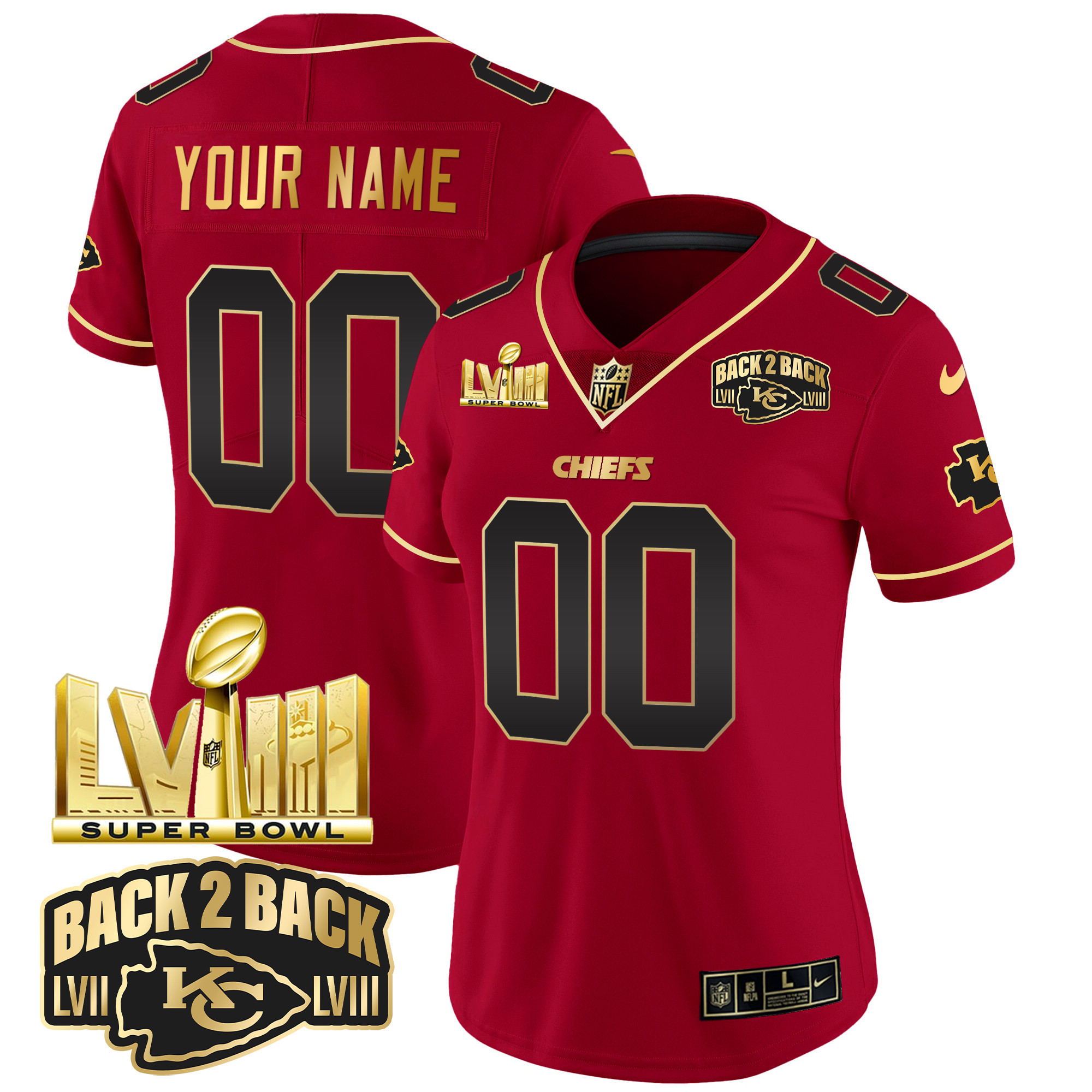 Women's Kansas City Chiefs Super Bowl LVIII & Back 2 Back Gold Patch Vapor Custom Red Special Jersey - All Stitched