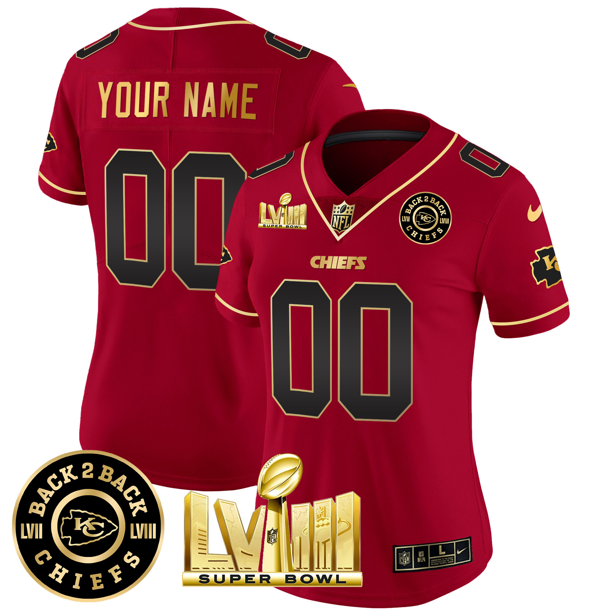 Women's Kansas City Chiefs Super Bowl LVIII & Back 2 Back Gold Patch Vapor Custom Red Special Jersey - All Stitched