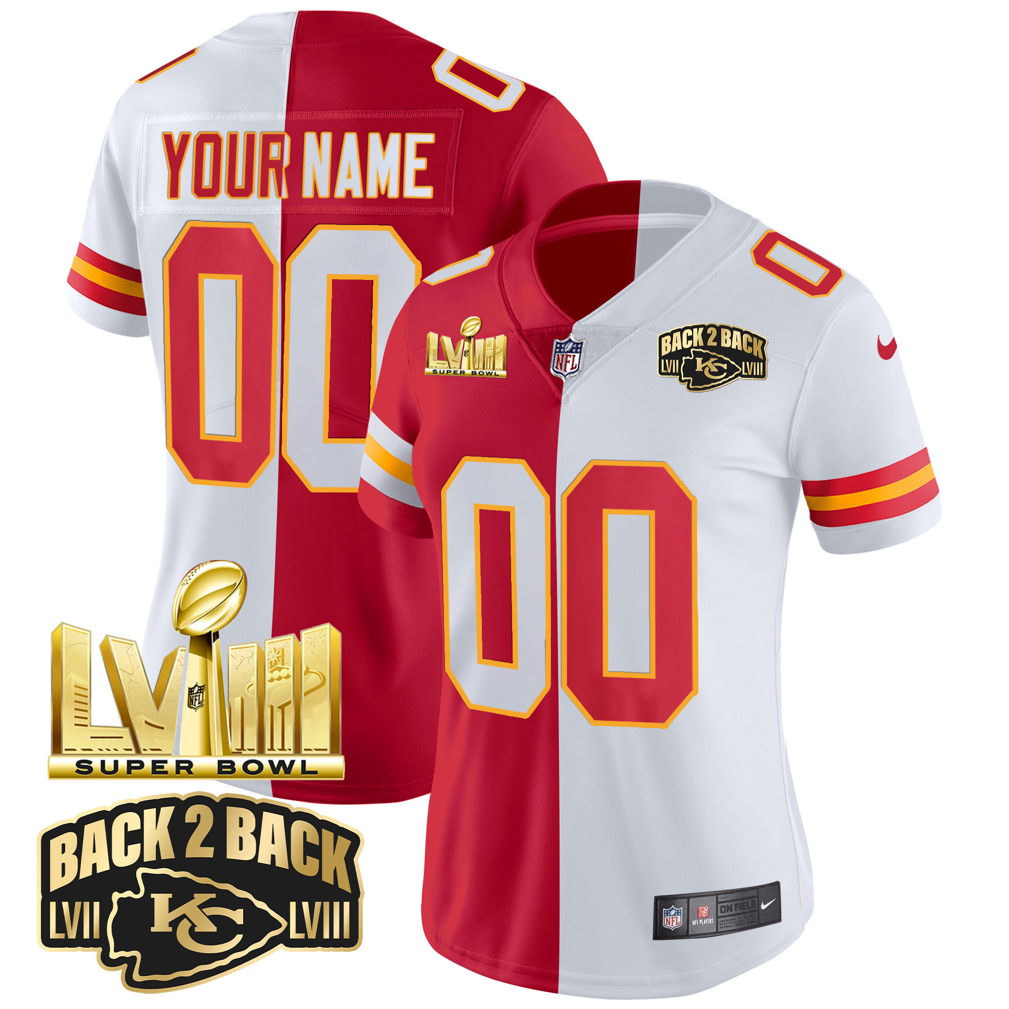 Women's Kansas City Chiefs Super Bowl LVIII & Back 2 Back Gold Patch Vapor Custom Split Jersey - All Stitched