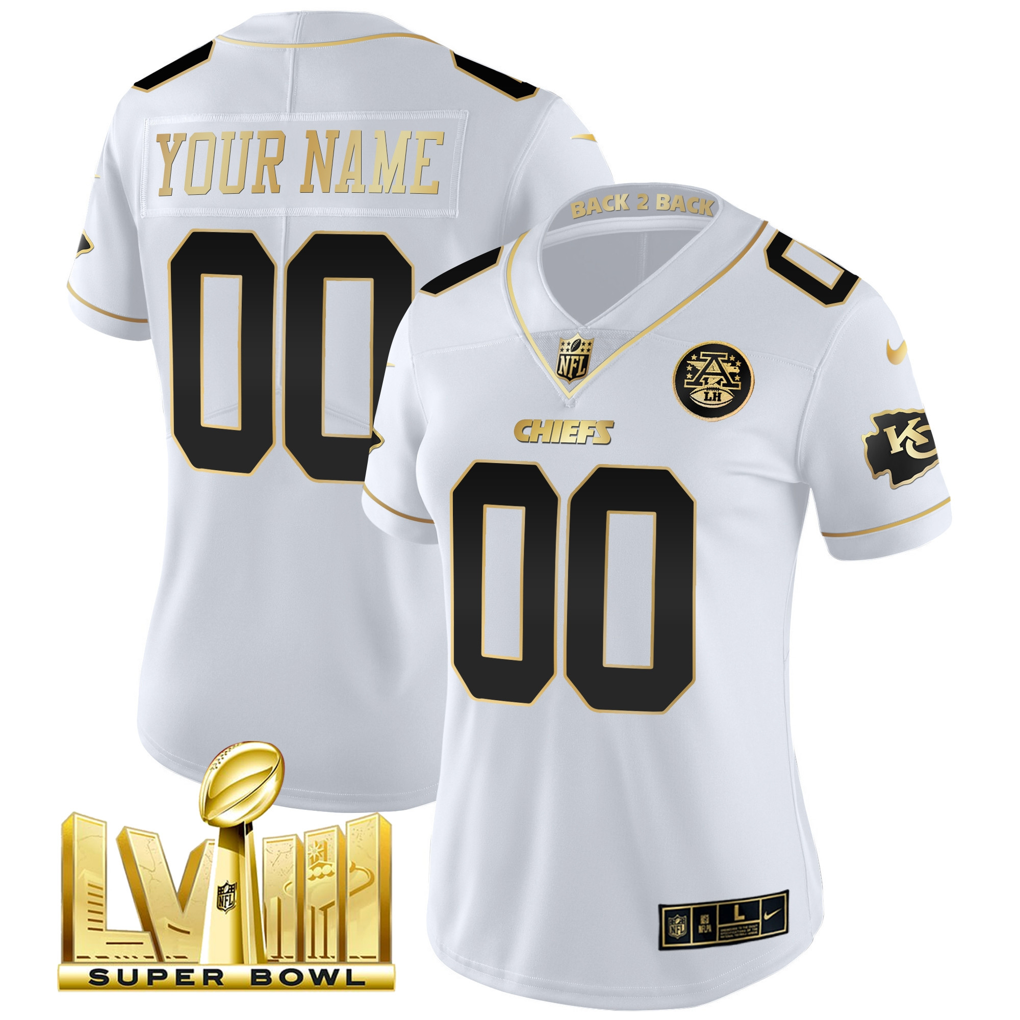 Women's Kansas City Chiefs Super Bowl LVIII & Back 2 Back Gold Patch Vapor Custom White Gold Jersey - All Stitched