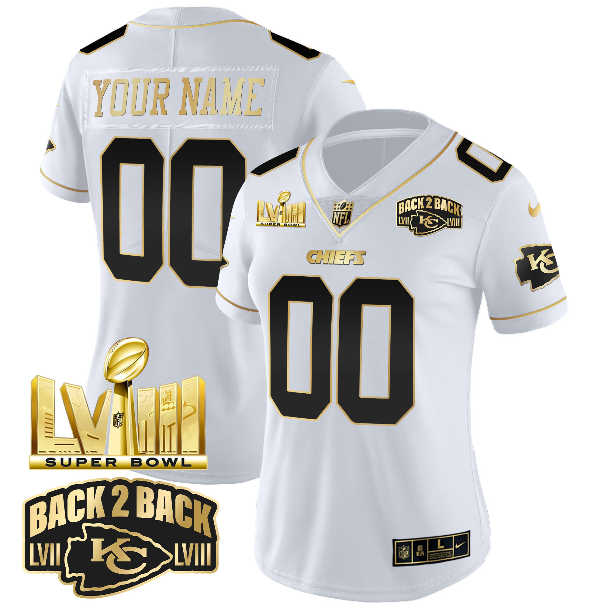 Women's Kansas City Chiefs Super Bowl LVIII & Back 2 Back Gold Patch Vapor Custom White Gold Jersey - All Stitched
