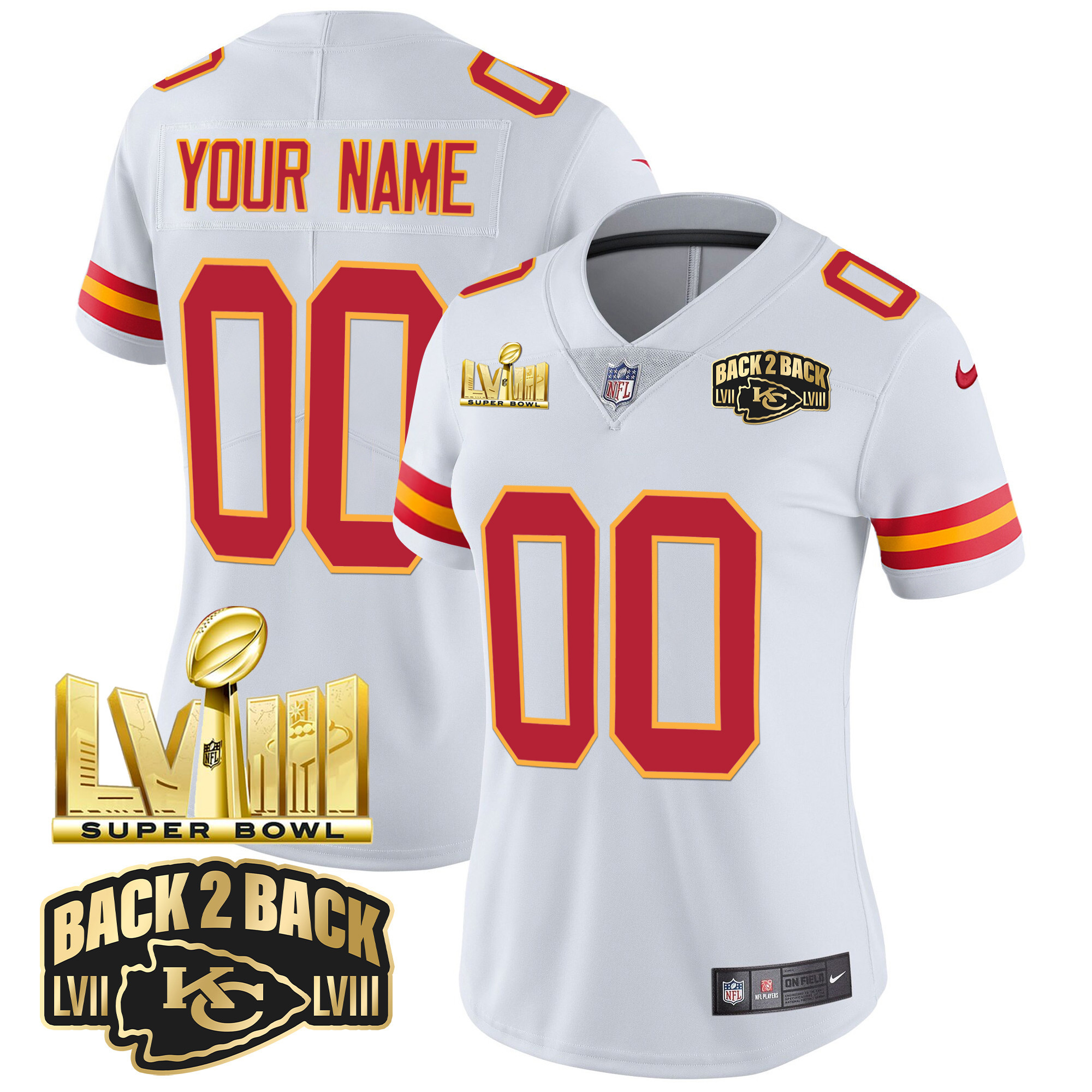 Women's Kansas City Chiefs Super Bowl LVIII & Back 2 Back Gold Patch Vapor Custom White Jersey - All Stitched