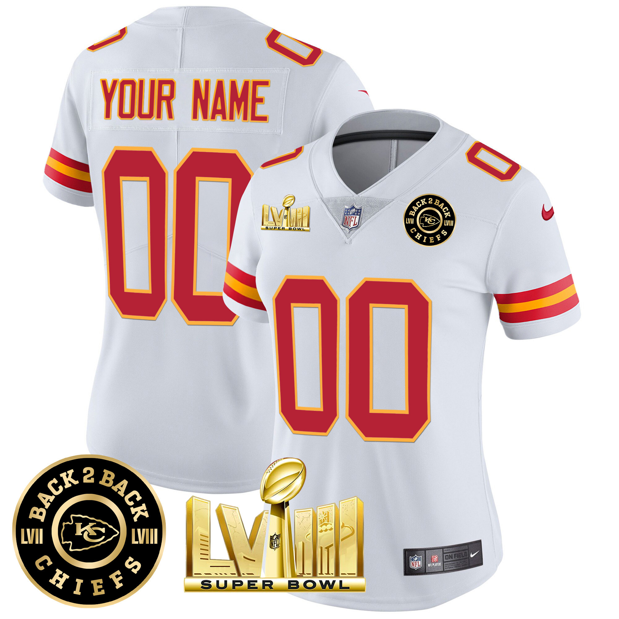 Women's Kansas City Chiefs Super Bowl LVIII & Back 2 Back Gold Patch Vapor Custom White Jersey - All Stitched