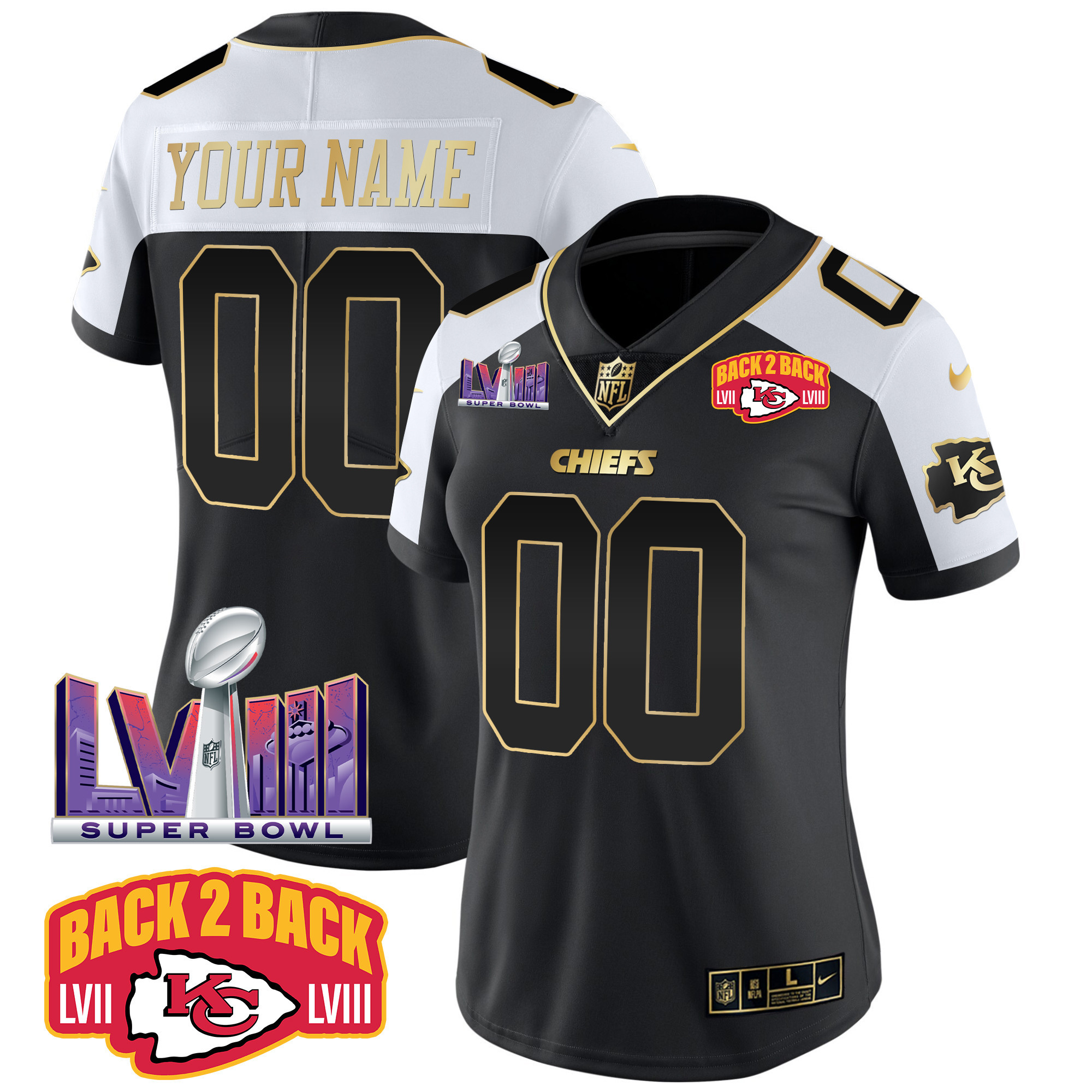 Women's Kansas City Chiefs Super Bowl LVIII & Back 2 Back Patch Vapor Custom Alternate Jersey - All Stitched