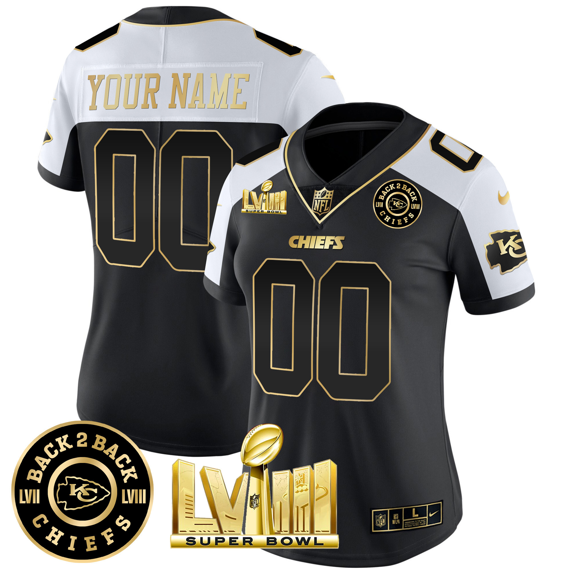 Women's Kansas City Chiefs Super Bowl LVIII & Back 2 Back Patch Vapor Custom Alternate Jersey - All Stitched
