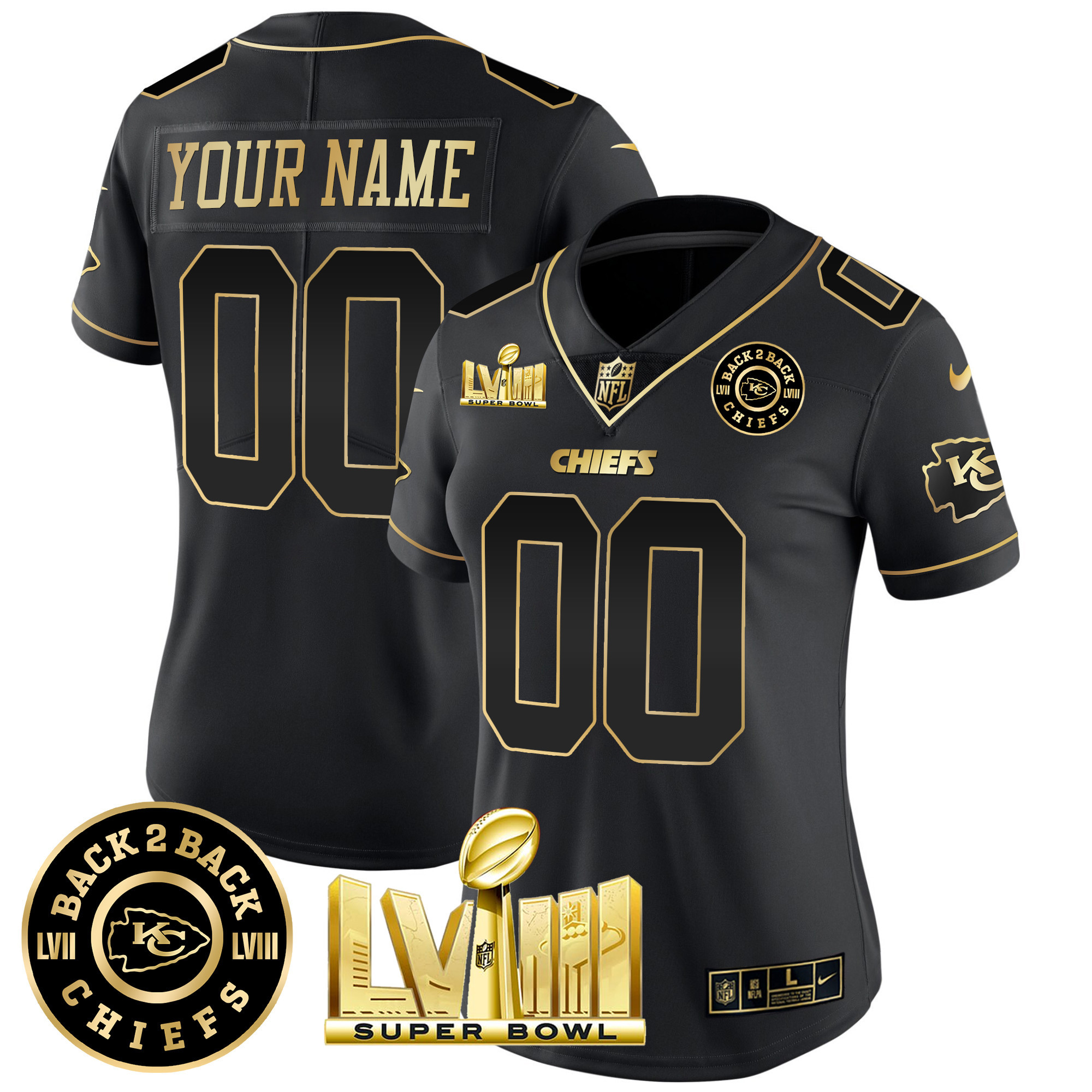 Women's Kansas City Chiefs Super Bowl LVIII & Back 2 Back Patch Vapor Custom Black Gold Jersey - All Stitched