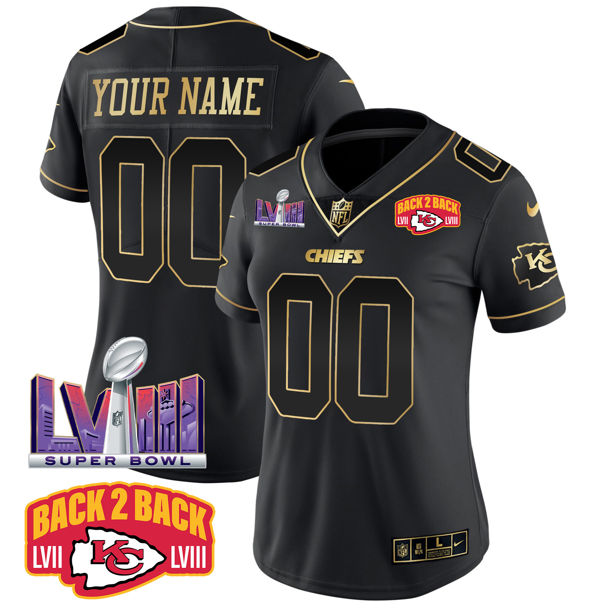 Women's Kansas City Chiefs Super Bowl LVIII & Back 2 Back Patch Vapor Custom Black Gold Jersey - All Stitched