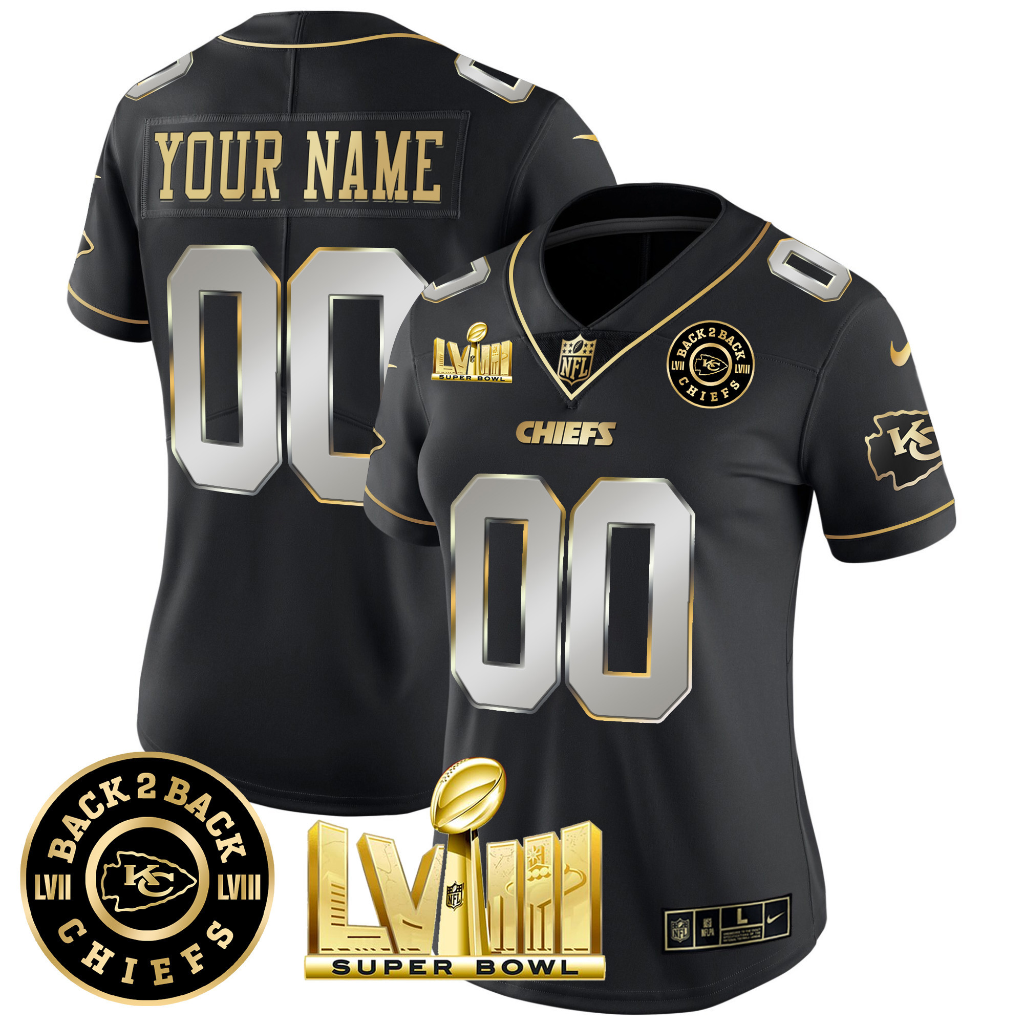 Women's Kansas City Chiefs Super Bowl LVIII & Back 2 Back Patch Vapor Custom Black Limited Jersey - All Stitched