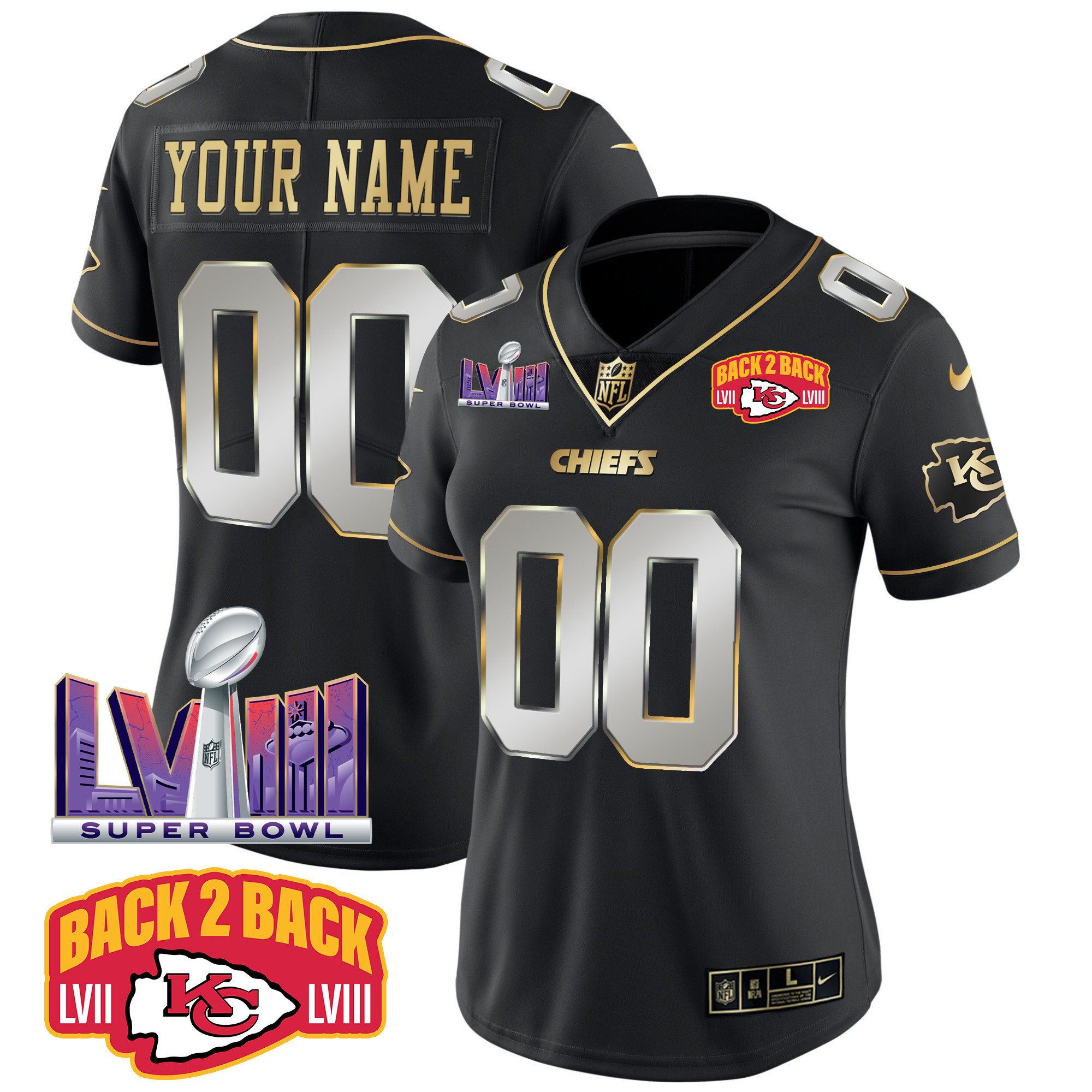 Women's Kansas City Chiefs Super Bowl LVIII & Back 2 Back Patch Vapor Custom Black Limited Jersey - All Stitched