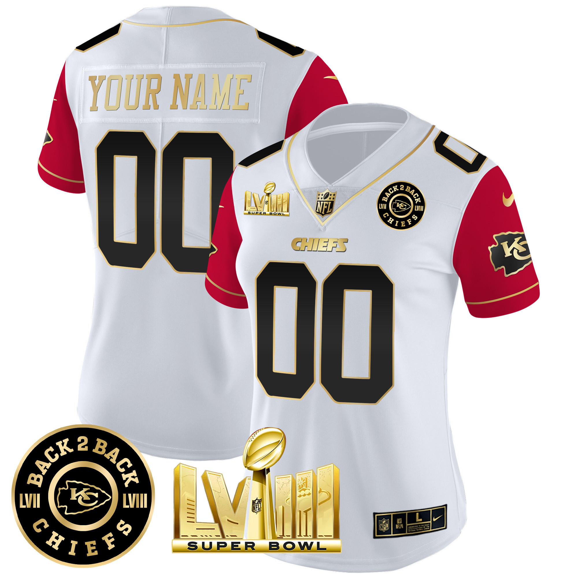 Women's Kansas City Chiefs Super Bowl LVIII & Back 2 Back Patch Vapor Custom Color Sleeves Jersey - All Stitched