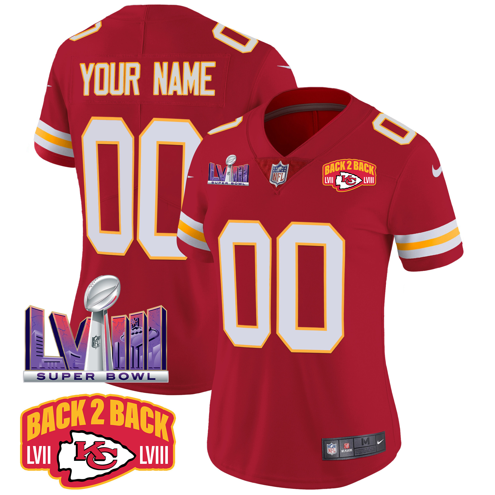 Women's Kansas City Chiefs Super Bowl LVIII & Back 2 Back Patch Vapor Custom Red Jersey - All Stitched