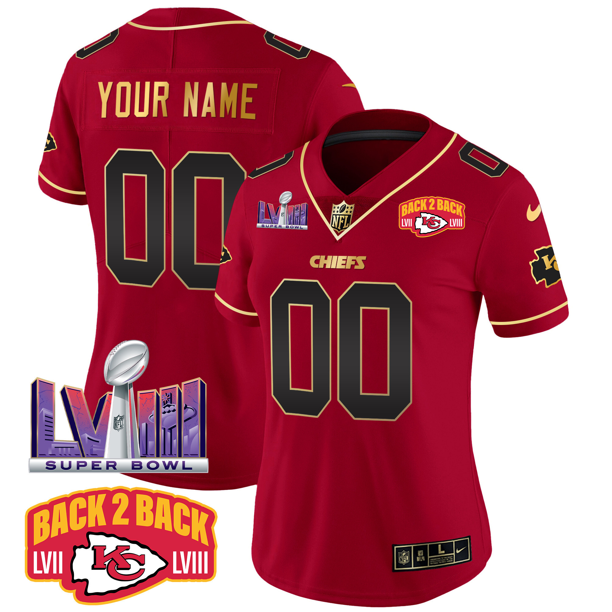 Women's Kansas City Chiefs Super Bowl LVIII & Back 2 Back Patch Vapor Custom Red Special Jersey - All Stitched