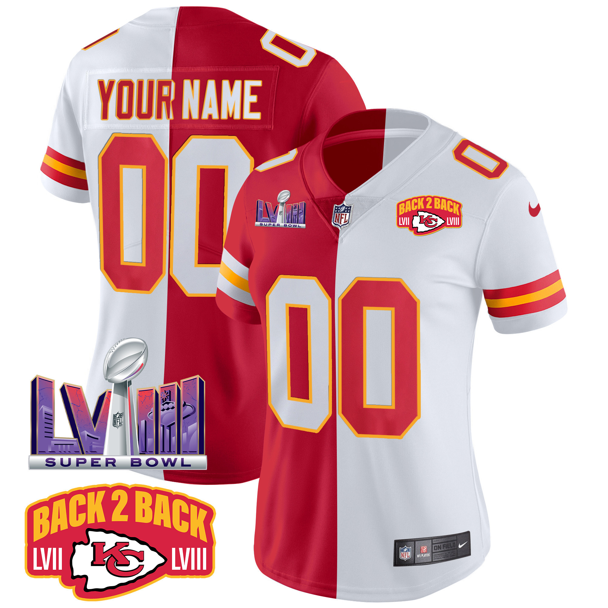 Women's Kansas City Chiefs Super Bowl LVIII & Back 2 Back Patch Vapor Custom Split Jersey - All Stitched