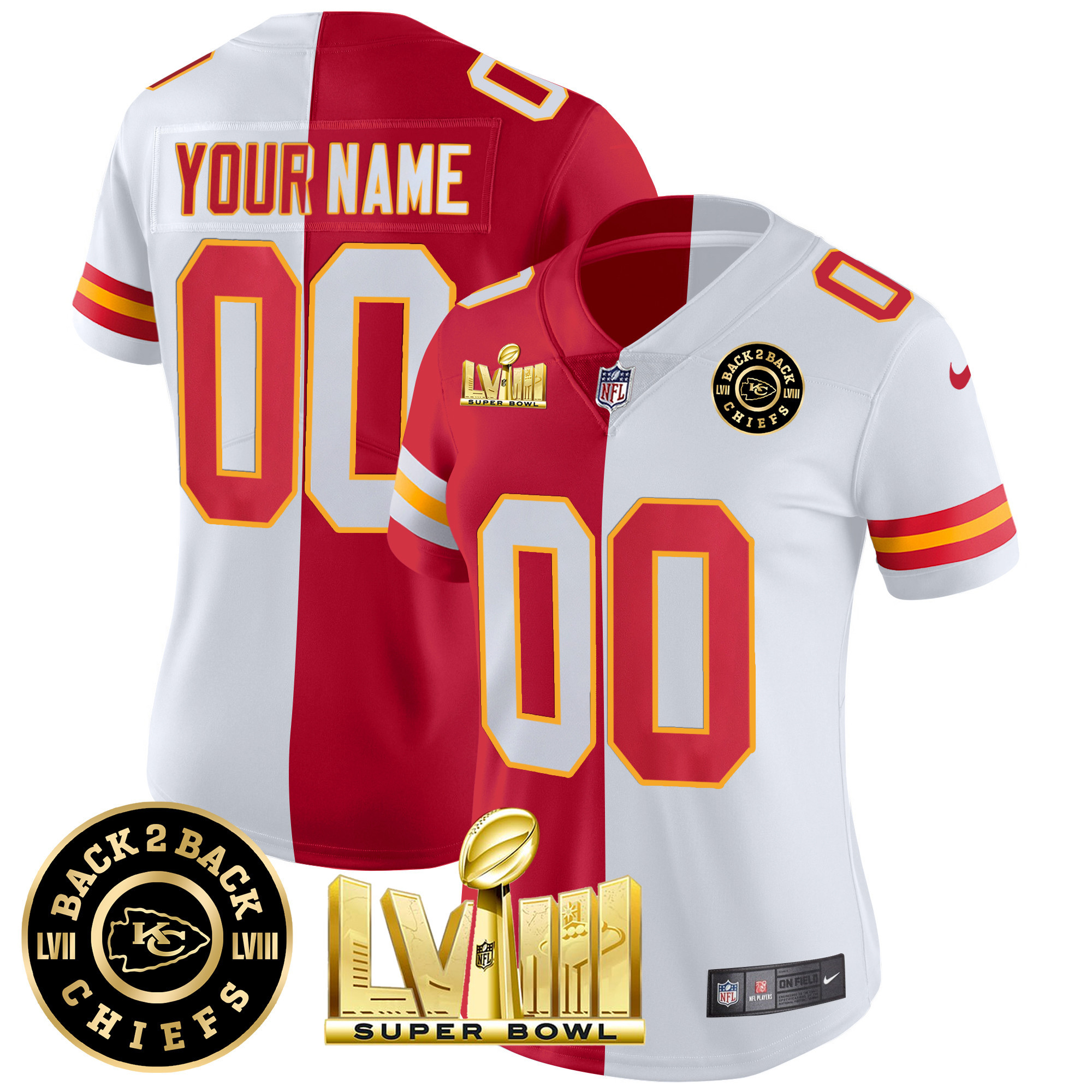 Women's Kansas City Chiefs Super Bowl LVIII & Back 2 Back Patch Vapor Custom Split Jersey - All Stitched