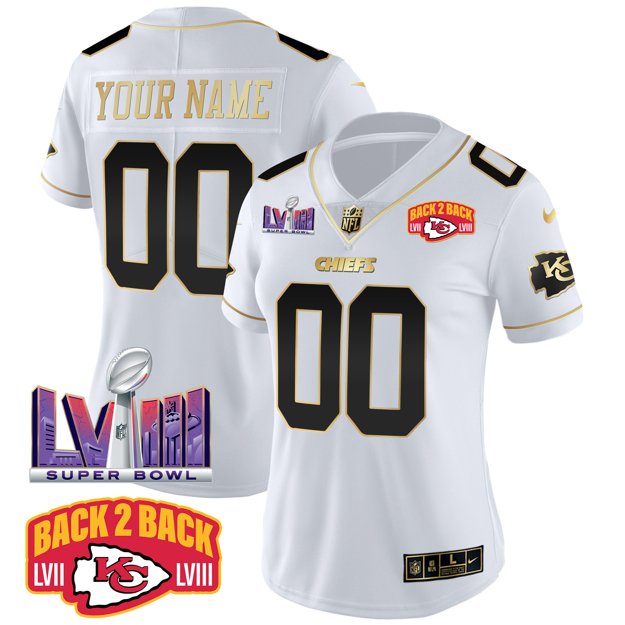 Women's Kansas City Chiefs Super Bowl LVIII & Back 2 Back Patch Vapor Custom White Gold Jersey - All Stitched