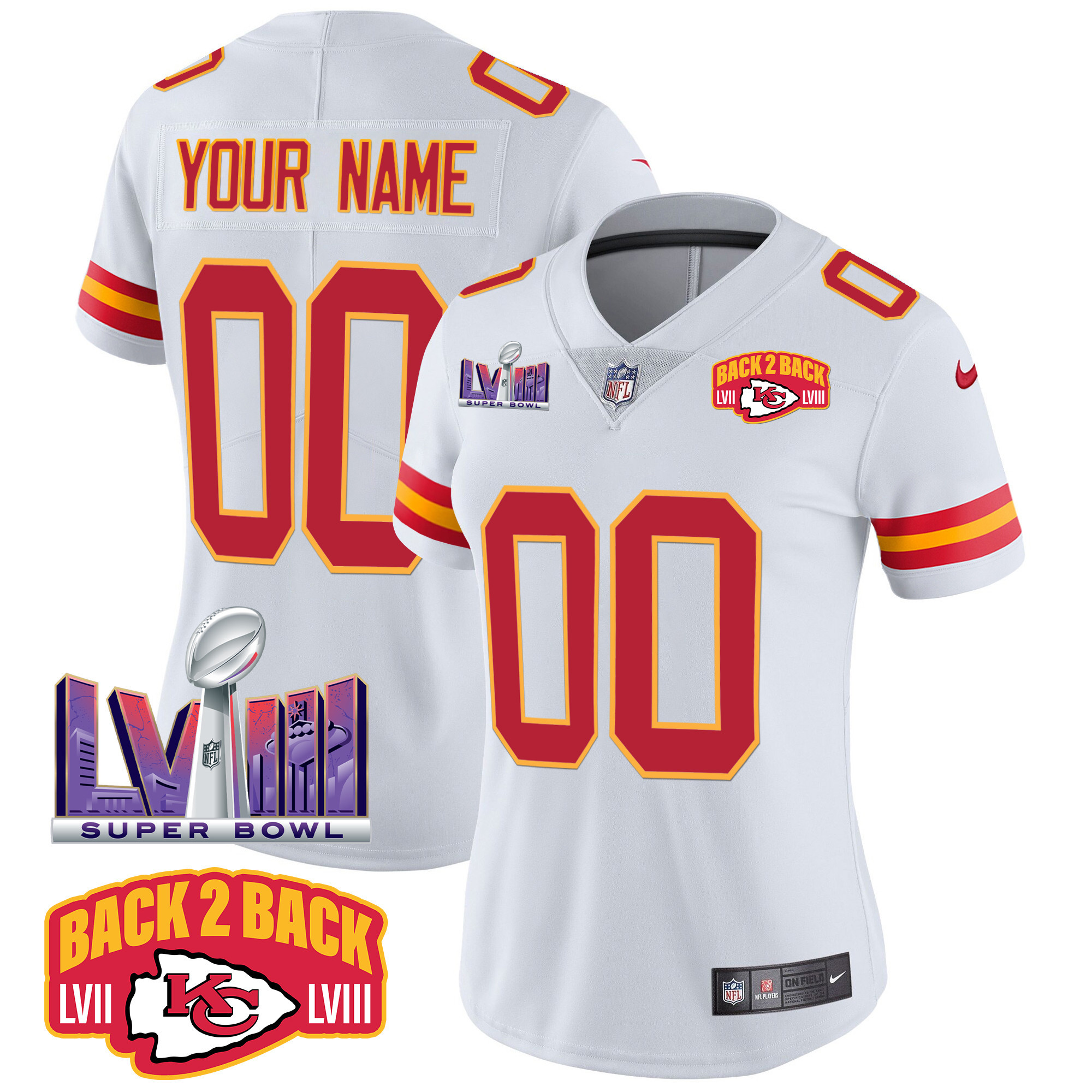 Women's Kansas City Chiefs Super Bowl LVIII & Back 2 Back Patch Vapor Custom White Jersey - All Stitched