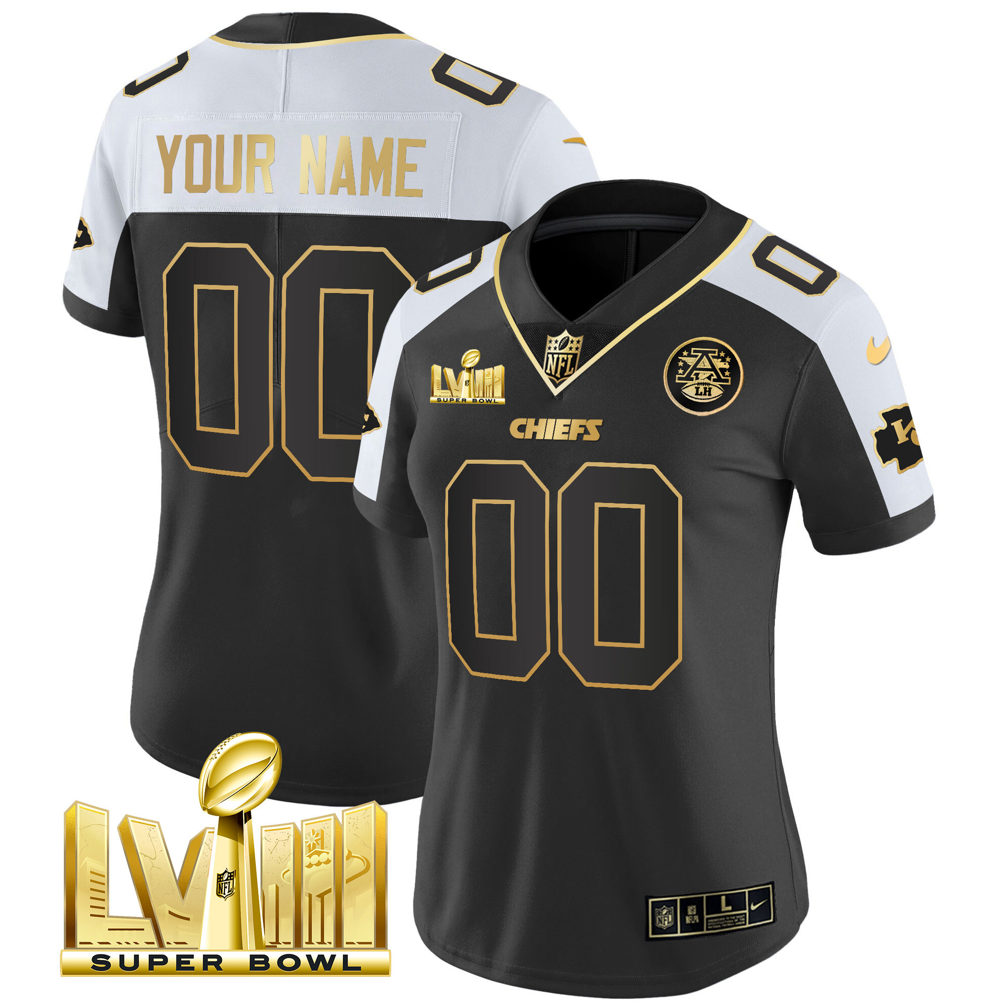 Women's Kansas City Chiefs Super Bowl LVIII Gold Patch Vapor Custom Alternate Jersey - All Stitched