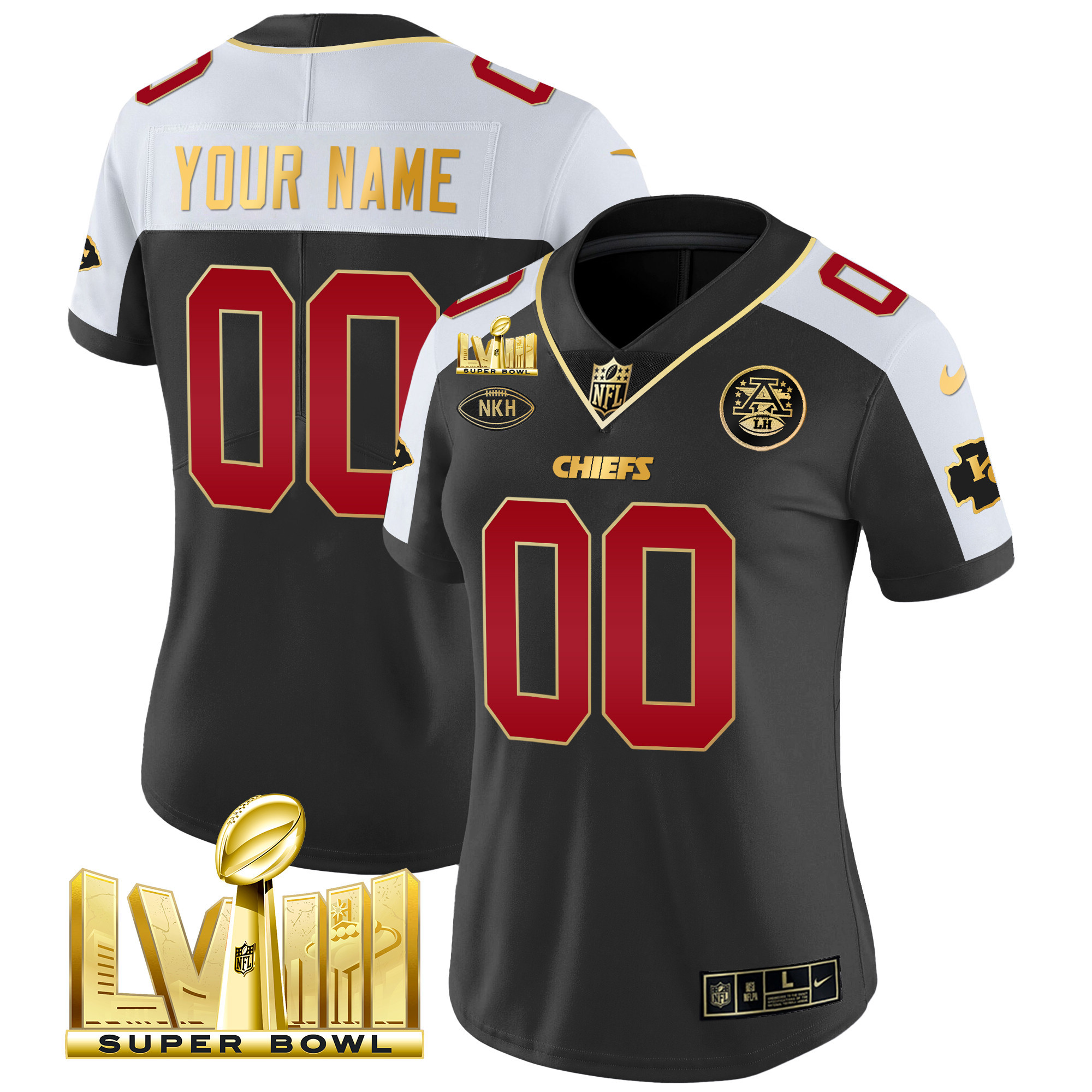 Women's Kansas City Chiefs Super Bowl LVIII Gold Patch Vapor Custom Black Alternate Jersey - All Stitched