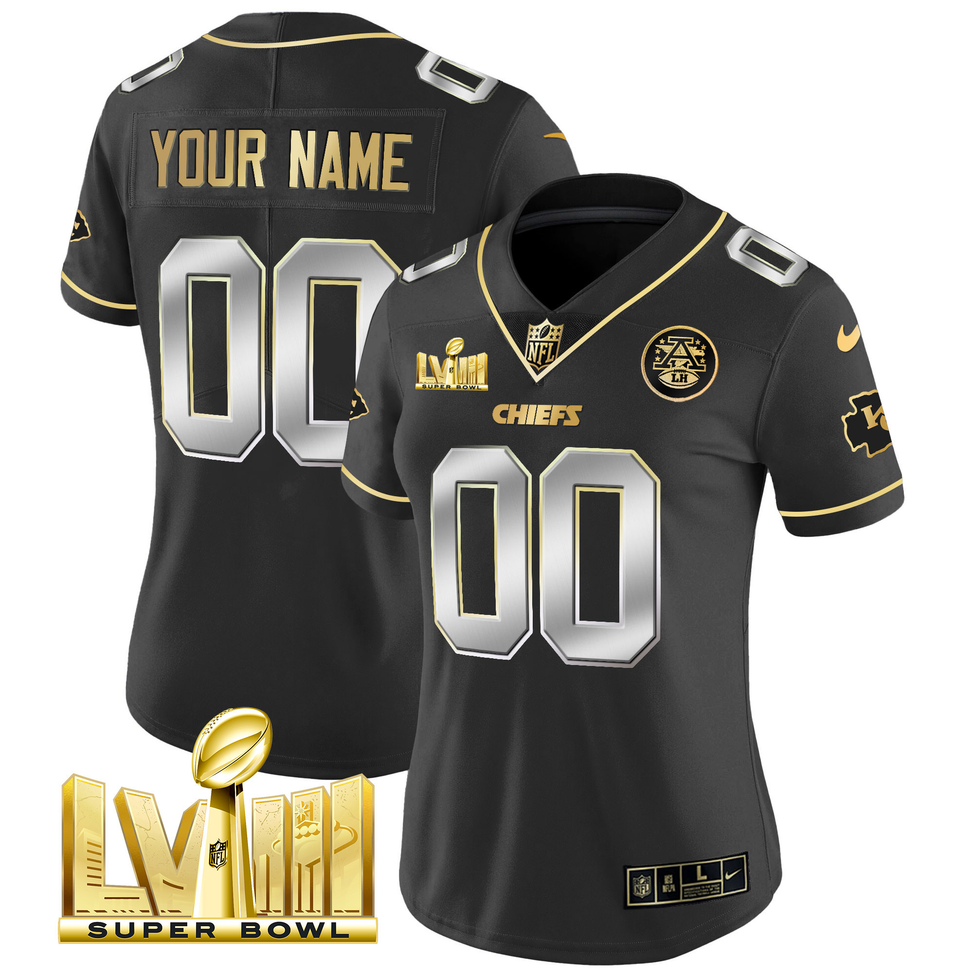 Women's Kansas City Chiefs Super Bowl LVIII Gold Patch Vapor Custom Black Limited Jersey - All Stitched
