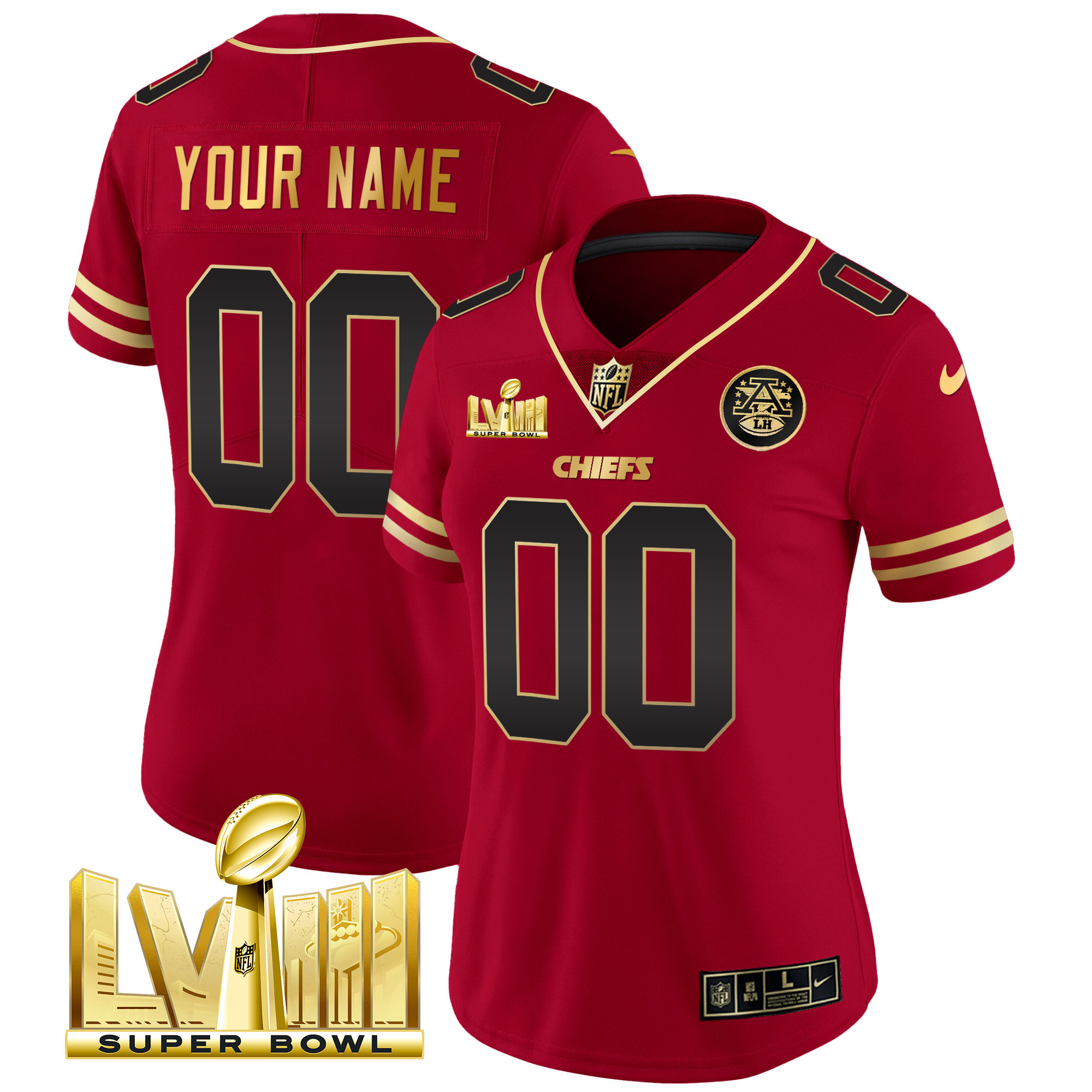 Women's Kansas City Chiefs Super Bowl LVIII Gold Patch Vapor Custom Black Red Jersey - All Stitched