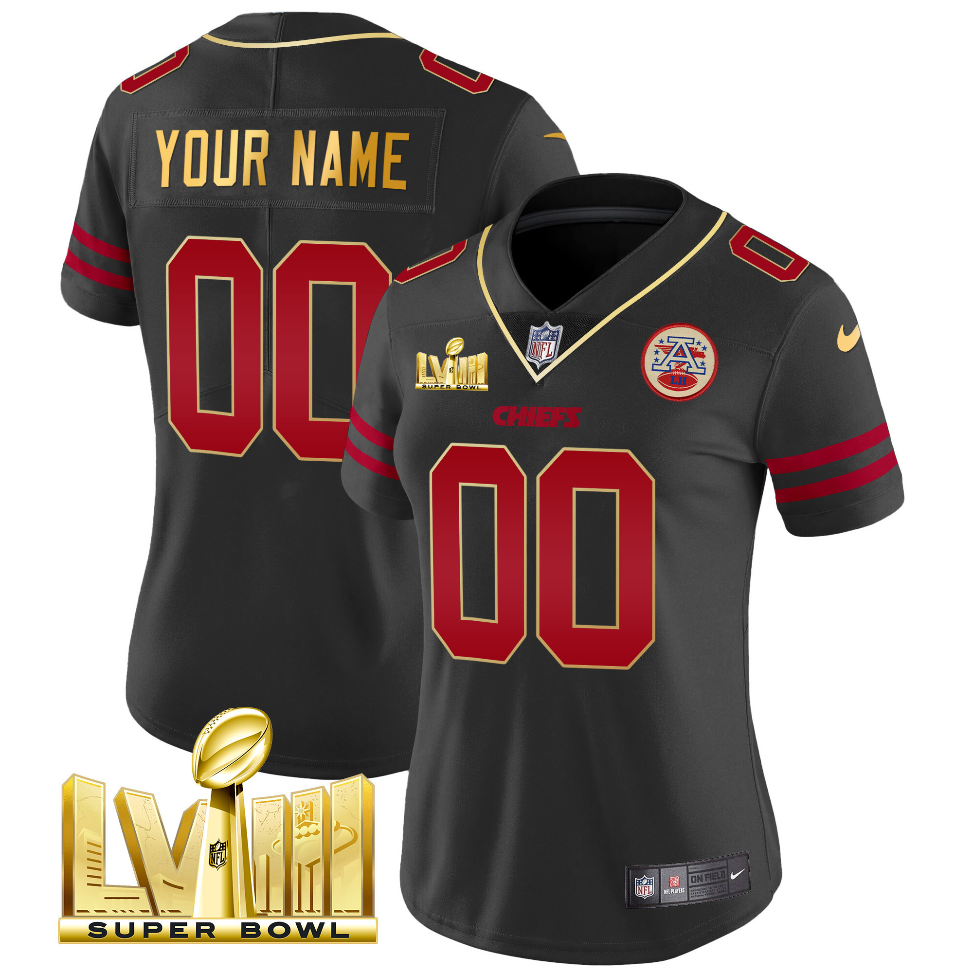 Women's Kansas City Chiefs Super Bowl LVIII Gold Patch Vapor Custom Gold Trim Jersey - All Stitched