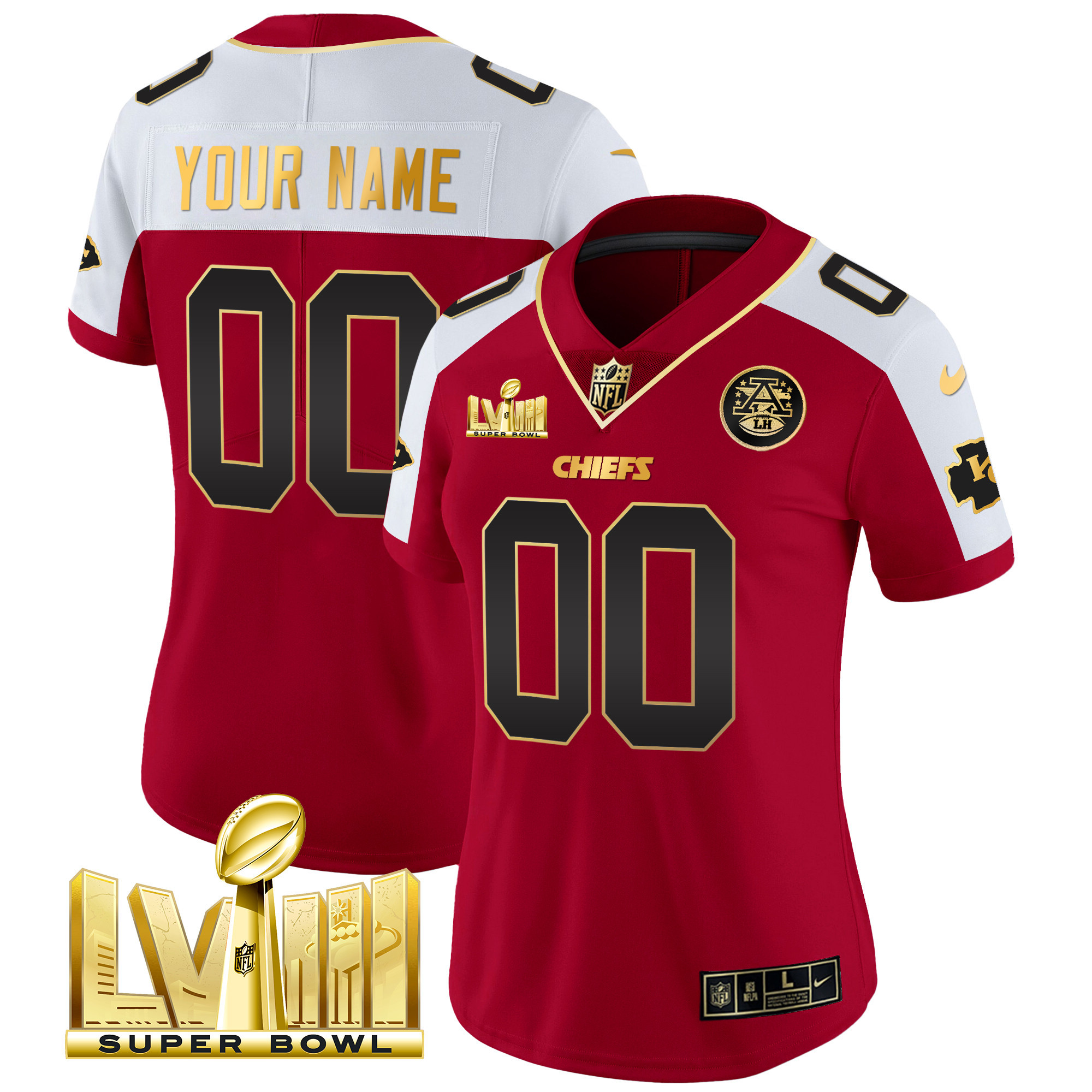 Women's Kansas City Chiefs Super Bowl LVIII Gold Patch Vapor Custom Red Alternate Jersey - All Stitched