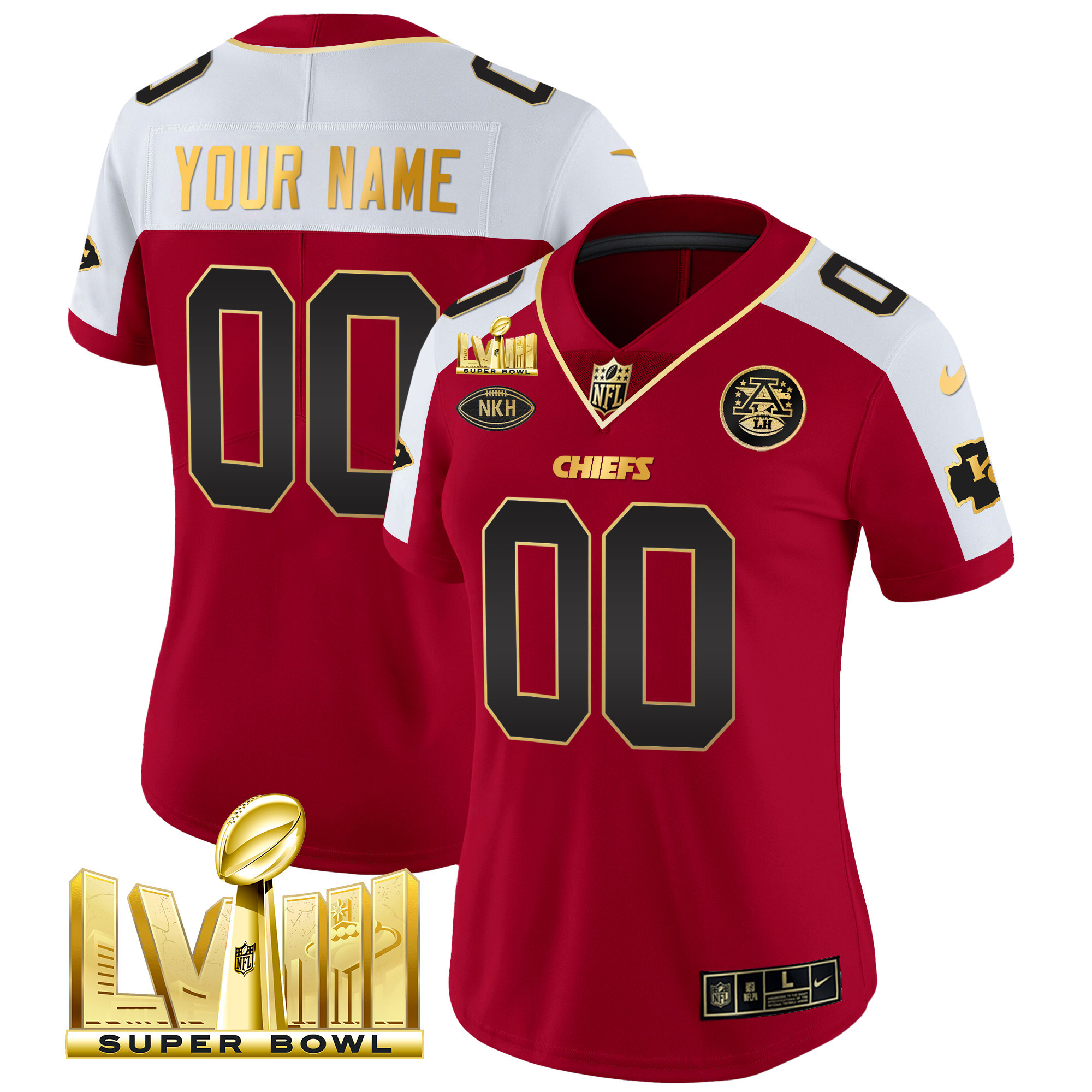 Women's Kansas City Chiefs Super Bowl LVIII Gold Patch Vapor Custom Red Alternate Jersey - All Stitched