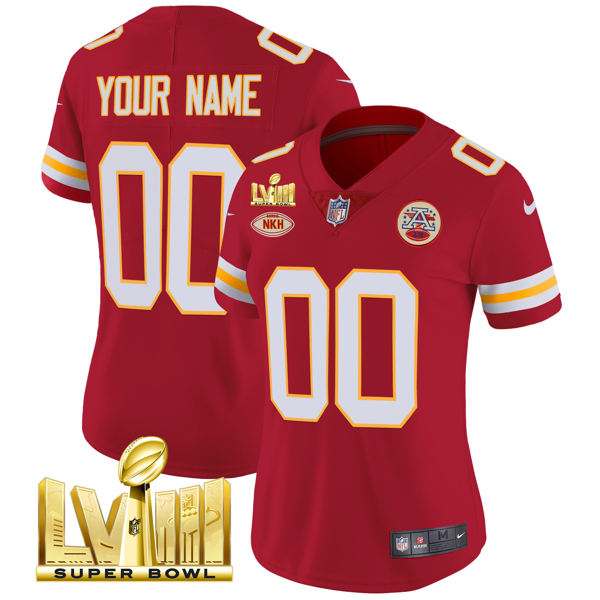 Women's Kansas City Chiefs Super Bowl LVIII Gold Patch Vapor Custom Red Jersey - All Stitched