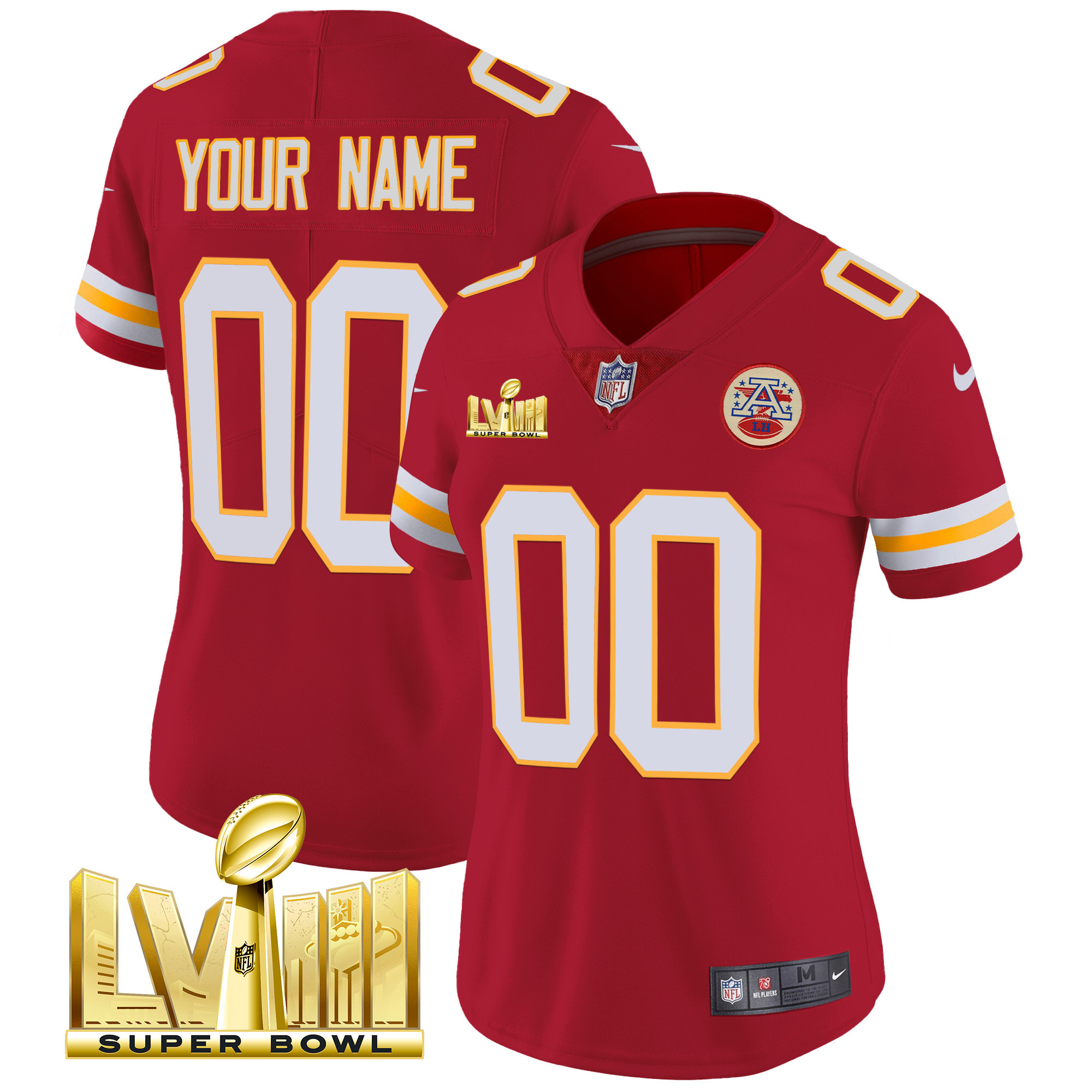Women's Kansas City Chiefs Super Bowl LVIII Gold Patch Vapor Custom Red Jersey - All Stitched