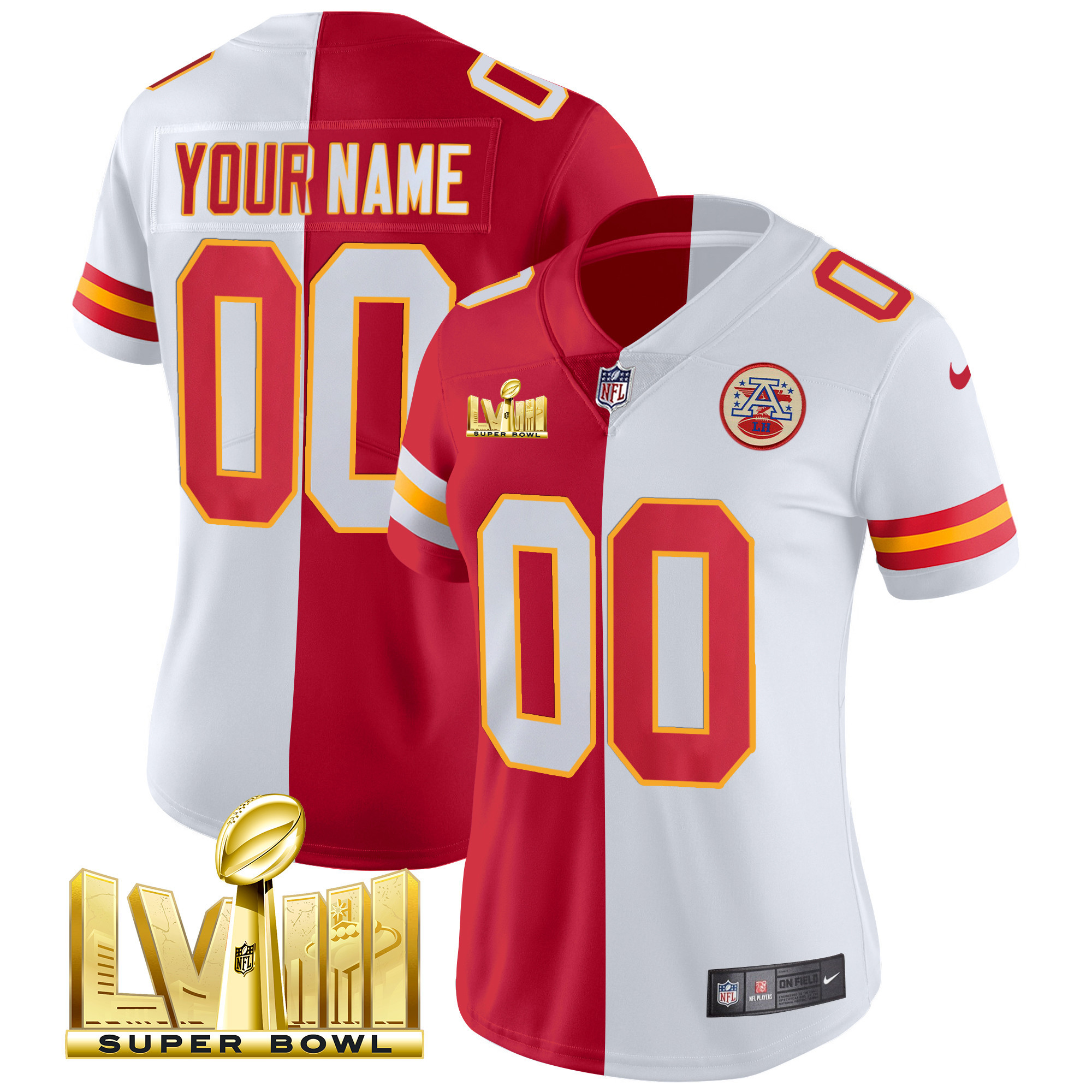 Women's Kansas City Chiefs Super Bowl LVIII Gold Patch Vapor Custom Split Jersey - All Stitched