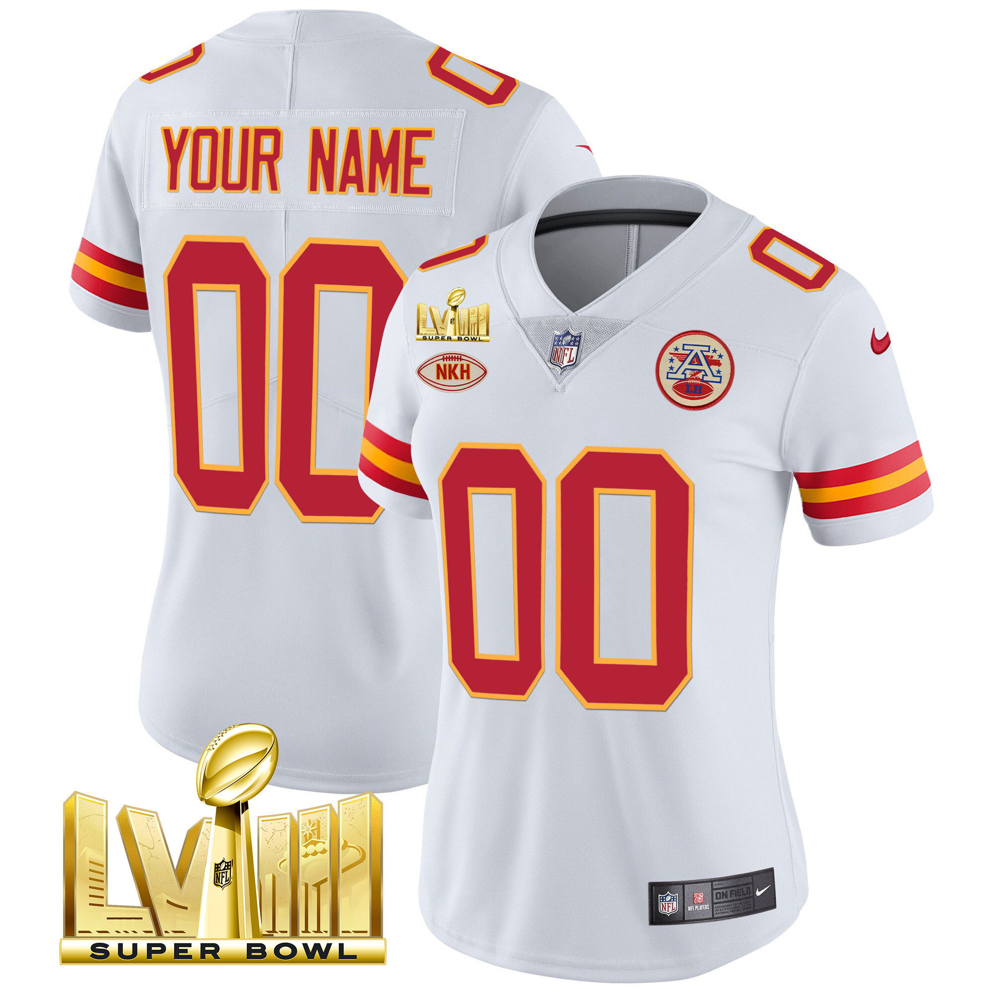 Women's Kansas City Chiefs Super Bowl LVIII Gold Patch Vapor Custom White Jersey - All Stitched