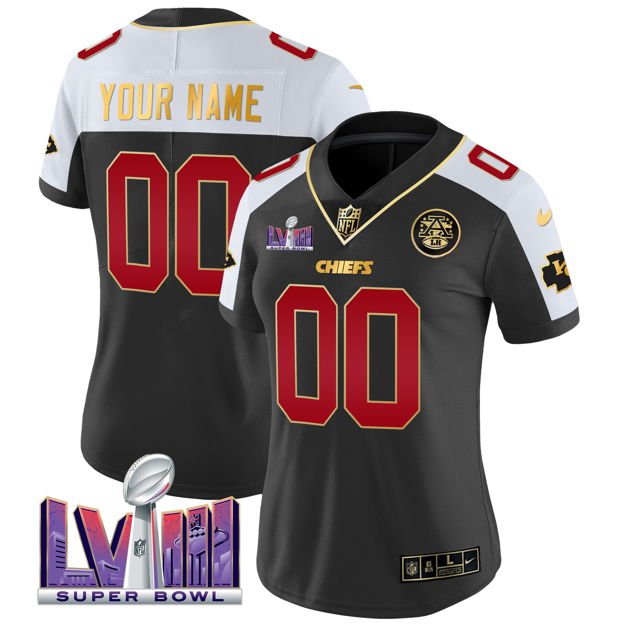 Women's Kansas City Chiefs Super Bowl LVIII Patch Vapor Custom Black Alternate Jersey - All Stitched