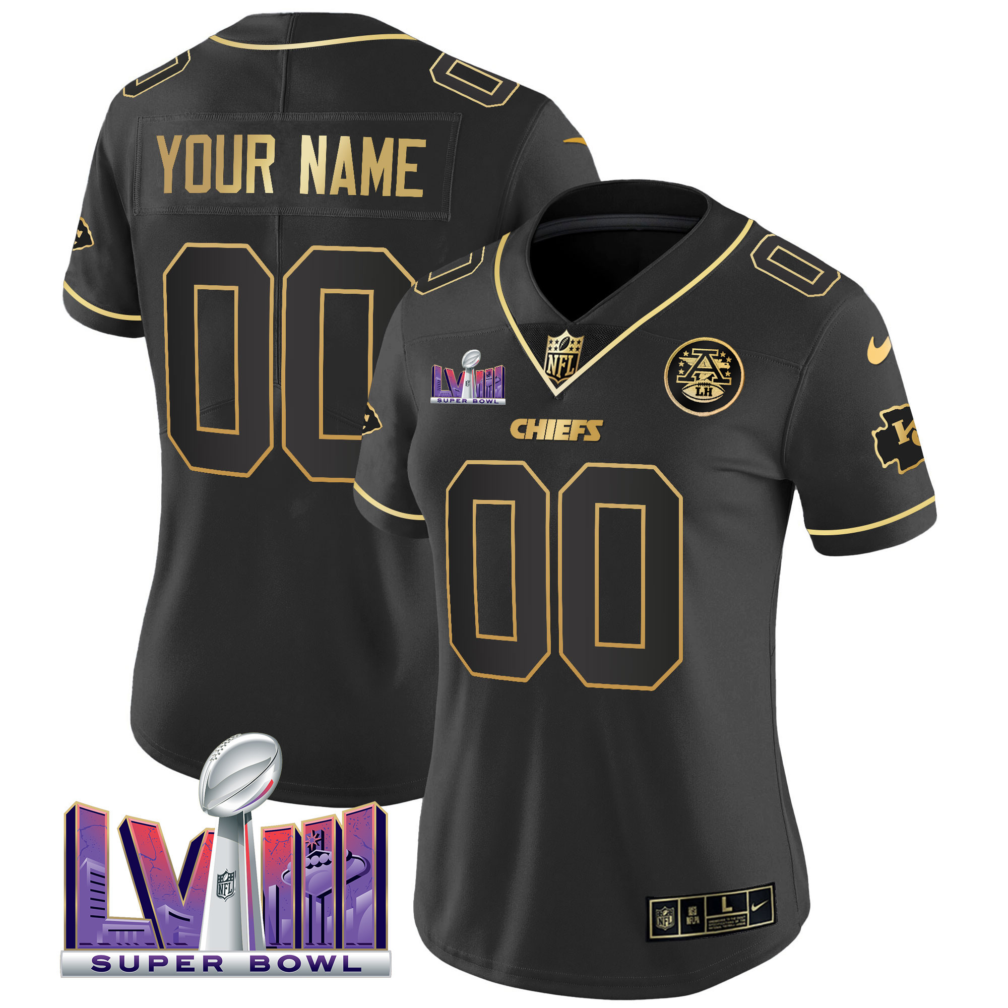Women's Kansas City Chiefs Super Bowl LVIII Patch Vapor Custom Black Gold Jersey - All Stitched